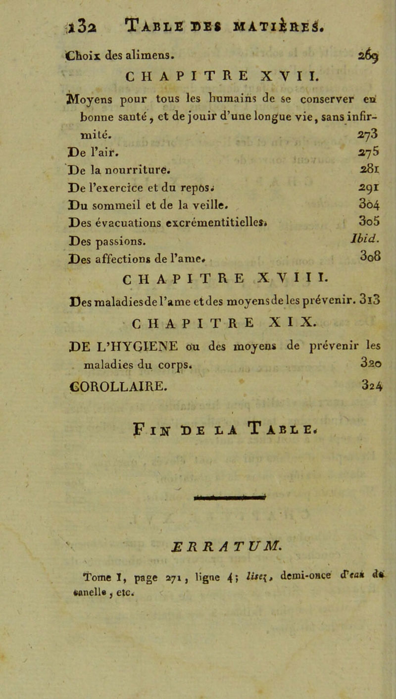 i3a Table de* MATiiitEâ. Choix des alimens. 269 CHAPITRE XVII. Moyens pour tous les humains de se conserver en bonne santé, et de jouir d’une longue vie, sans infir- mité. 273 De l’air. 275 De la nourriture. 281 De l’exercice et du repôs. 2gi Du sommeil et de la veille. 3o4 Des évacuations excrémentitiellcsi 3o5 Des passions. Ibid. Des affections de l’ame» 3o8 CHAPITRE XVIII. Des inaladiesdel’ame etdes moyensde les prévenir. 3l3 CHAPITRE XIX. DE L’HYGIENE ou des moyens de prévenir les maladies du corps. 3ao COROLLAIRE. ' 824 Fin de la Table. ERRATUM. \ Tome ï, page 371, ligne 4> demi-once <Tfaii dn «anell*, etc.