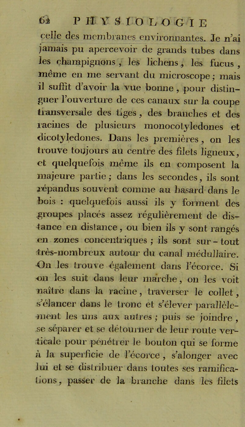 6â P Jï Y BIOLOGIE celle des membranes environnantes- Je n'ai jamais pu apercevoir de grands tubes dans les champignons , les lichens, les fucus , même en me servant du microscope ; mais il suffit d’avoir la vue bonne , pour distin- guer l’ouverture de ces canaux sur la coupe transversale des tiges , des branches et des racines de plusieurs monocot3dedones et dicotylédones. Dans les premières, on les trouve toujours au centre des filets ligneux, et quelquefois même ils en composent la majeure partie ; dans les secondes, ils sont répandus souvent comme au hasard dans le bois : quelquefois aussi ils y forment des groupes placés assez régulièrement de dis- tance en distance, ou bien ils y sont rangés en zones concentriques ; ils sont sur - tout très-nombreux autour du canal médullaire. -On les trouve également dans l’écorce. Si ou les suit dans leur marche, on les voit naître dans la racine, traverser le collet, s’élancer dans le tronc et s’élever parallèle- ment les uns aux autres ; puis se joindre , se séparer et se détourner de leur route ver- ticale pour pénétrer le bouton qui se forme a la superficie de l’écorce , s’alonger avec lui et se distribuer dans toutes ses ramifica- tions , passer de la branche dans les filets