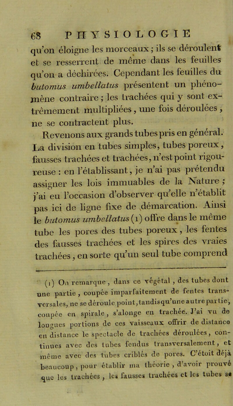 qu’on éloigne les morceaux ; ils se déroulent et se resserrent de meme dans les feuilles qu’on a declnrees. Cependant les feuilles du butomus umbellatus présentent un phéno- mène contraire ; les trachées qui y sont ex- trêmement multipliées, mie fois déroulées , ne se contractent plus. Revenons aux grands tubes pris en général. La division en tubes simples, tubes poreux, fausses trachées et trachées, n’est point rigou- reuse : en l’établissant, je nai pas prétendu assigner les lois immuables de la Nature ,* j’ai eu l’occasion d’observer quelle n’établit pas ici de ligne fixe de .démarcation. Ainsi le butomus umbellatus (1) offre dans le meme tube les pores des tubes poreux, les fentes des fausses trachées et les spires des vraies trachées, en sorte qu’un seul tube comprend (i) O.i remarque , clans ce végétal , des tubes dont une partie, coupee imparfaitement de fentes tians- versales, ne se déroule point,landisqu’une autre partie, coupée en spirale , s’alonge en trachée. J’ai vu de longues portions de ces vaisseaux offrir de distance en distance le spectacle de tracliees deroulees, con- tinues avec des tubes fendus transversalement, et même avec des tubes criblés de pores. C’etoit déjà beaucoup, pour établir ma théorie , d’avoir prouvé <jue les trachées , les fausses trachées et les tubes s»