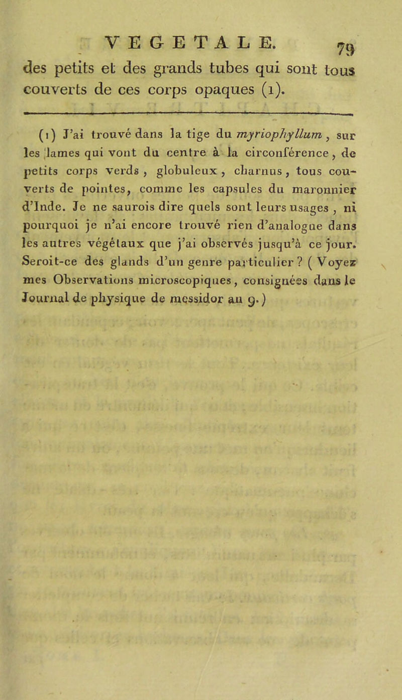 des petits et des grands tubes qui sont tous couverts de ces corps opaques (1). (i) J’ai trouvé dans la tige du myriophyllum , sur les James qui vont du centre à la circonférence, de petits corps verds , globuleux , charnus, tous cou- verts de pointes, comme les capsules du maronnier d’Inde. Je ne saurois dire quels sont leurs usages , ni pourquoi je n’ai encore trouvé rien d’analogue dans les autres végétaux que j’ai observés jusqu’à ce jour. Seroit-ce des glands d’un genre particulier? (Voyez mes Observations microscopiques, consignées dans le Journal de physique de messidor au 9.)