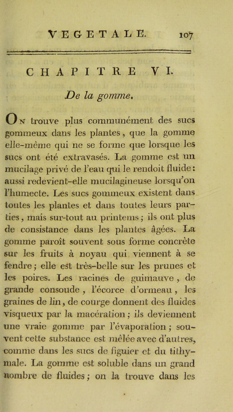 CHAPITRE VI. De la gomme, On trouve plus communément clés sucs gommeux dans les plantes, que la gomme elle-même qui ne se forme que lorsque les sucs ont été extravasés. La gomme est un mucilage privé de feau qui le rendoit fluide: aussi redevient-elle mucilagineuse lorsqu’on l’humecte. Les sucs gommeux existent dans toutes les plantes et dans toutes leurs par- ties , mais sur-tout au printems ; ils ont plus de consistance dans les plantes âgées. La gomme paroît souvent sous forme concrète sur les fruits à noyau qui viennent à se fendre ; elle est très-belle sur les prunes et les poires. Les racines de guimauve , de grande consoude, l’écorce d’ormeau, les graines de lin, de courge donnent des fluides visqueux par la macération ; ils deviennent une vraie gomme par l’évaporation; sou- vent cette substance est mêlée avec d’autres, comme dans les sucs de figuier et du tilhy- niale. La gomme est soluble dans un grand nombre de fluides ; on la trouve dans les