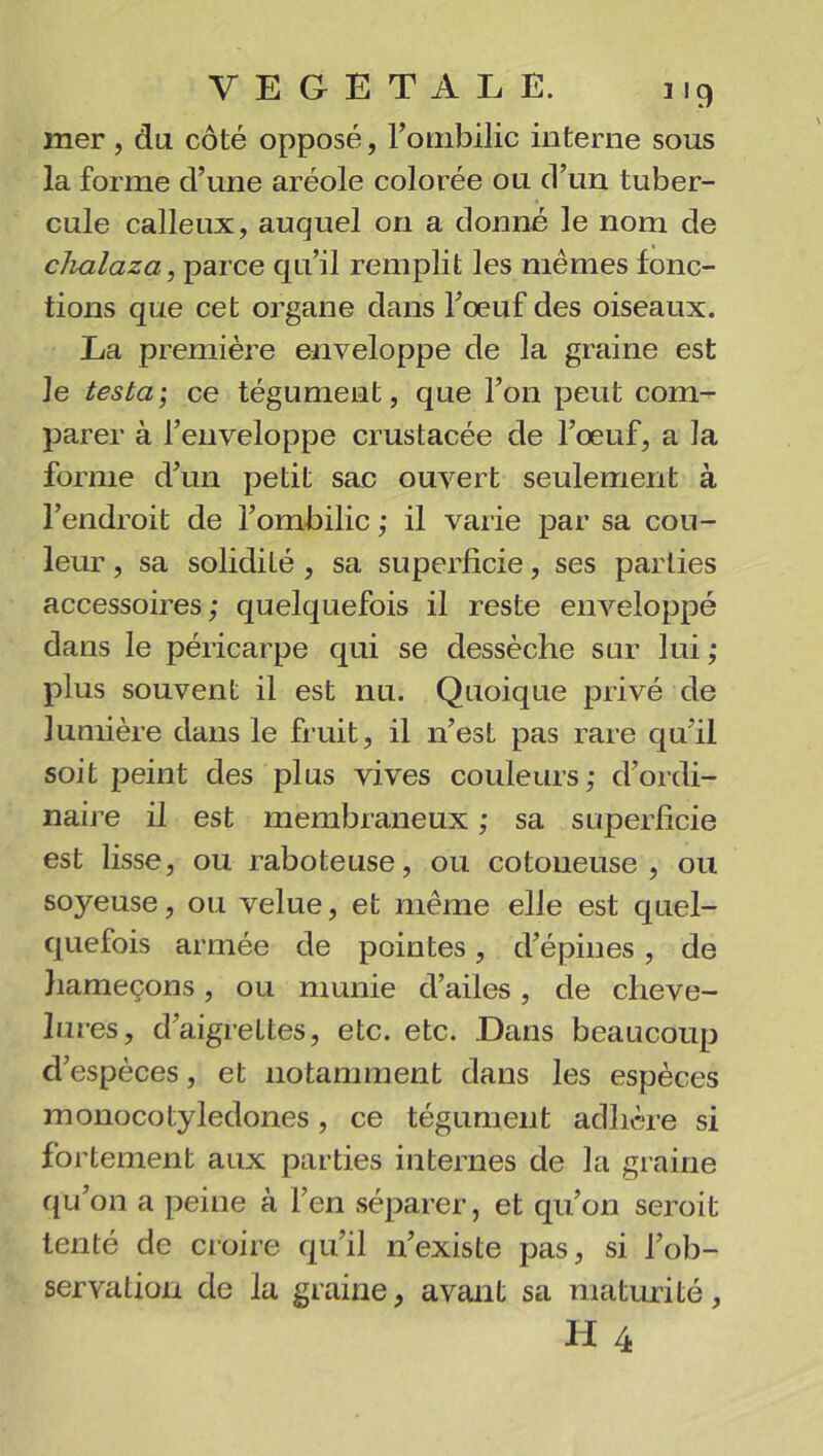 mer , du côté opposé, l'ombilic interne sous la forme d’une aréole colorée ou d’un tuber- cule calleux, auquel 011 a donné le nom de chalaza1, parce qu’il remplit les mêmes fonc- tions que cet organe dans l’oeuf des oiseaux. La première enveloppe de la graine est Je testa; ce tégument, que l’on peut com- parer à l’enveloppe crustacée de l’œuf, a la forme d’un petit sac ouvert seulement à l’endroit de l’ombilic ; il varie par sa cou- leur , sa solidité , sa superficie, ses parties accessoires; quelquefois il reste enveloppé dans le péricarpe qui se dessèche sur lui ; plus souvent il est nu. Quoique privé de lumière dans le fruit, il n’est pas rare qu’il soit peint des plus vives couleurs; d’ordi- naire il est membraneux ; sa superficie est lisse, ou raboteuse, ou cotoueuse , ou soyeuse, ou velue, et même elle est quel- quefois armée de pointes, d’épines, de Jiameçons, ou munie d’ailes, de cheve- lures, d’aigrettes, etc. etc. Dans beaucoup d’espèces, et notamment dans les espèces monocotyledones, ce tégument adhère si fortement aux parties internes de la graine qu’on a peine à l’en séparer, et qu’on seroit tenté de croire qu’il n’existe pas, si l’ob- servation de la graine, avant sa maturité,