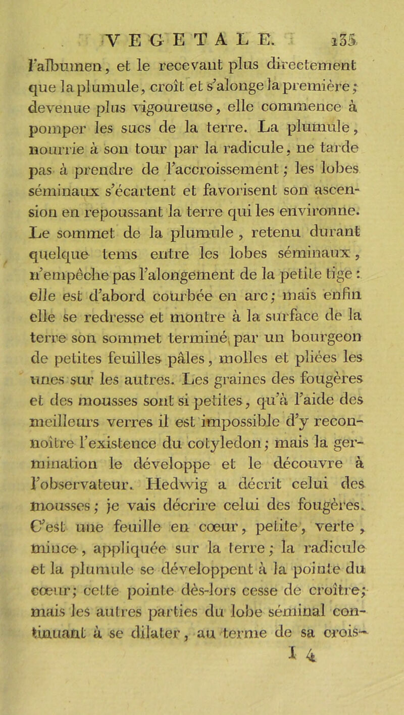 l'albumen, et le recevant plus directement que la plumule, croît et s’alonge la première ; devenue plus vigoureuse, elle commence à pomper les sucs de la terre. La plumule, nourrie à sou tour par la radicule, ne tard© pas à prendre de l'accroissement ; les lobes séminaux s’écartent et favorisent son ascen- sion en repoussant la terre qui les environne. Le sommet de la plumule , retenu durant quelque tems entre les lobes séminaux, n’empêche pas Falongement de la petiLe tige : elle est d’abord courbée en arc; mais enfin elle se redresse et montre à la surface de la terre son sommet terminé, par un bourgeon de petites feuilles pâles, molles et pliées les unes sur les autres. Les graines des fougères et des mousses sont si petites, qu’à l’aide des meilleurs verres il est impossible d’y recon- noitre l’existence du cotylédon; mais la ger- mination le développe et le découvre à l’observateur. Iledwig a décrit celui des mousses ; je vais décrire celui des fougères. C’est une feuille en coeur, petite, verte, mince, appliquée sur la terre; la radicule et la plumule se développent à la pointe du cœur; cette pointe dès-lors cesse de croître; mais les autres parties du lobe séminal con- tinuant à se dilater, au terme de sa crois- X. 4