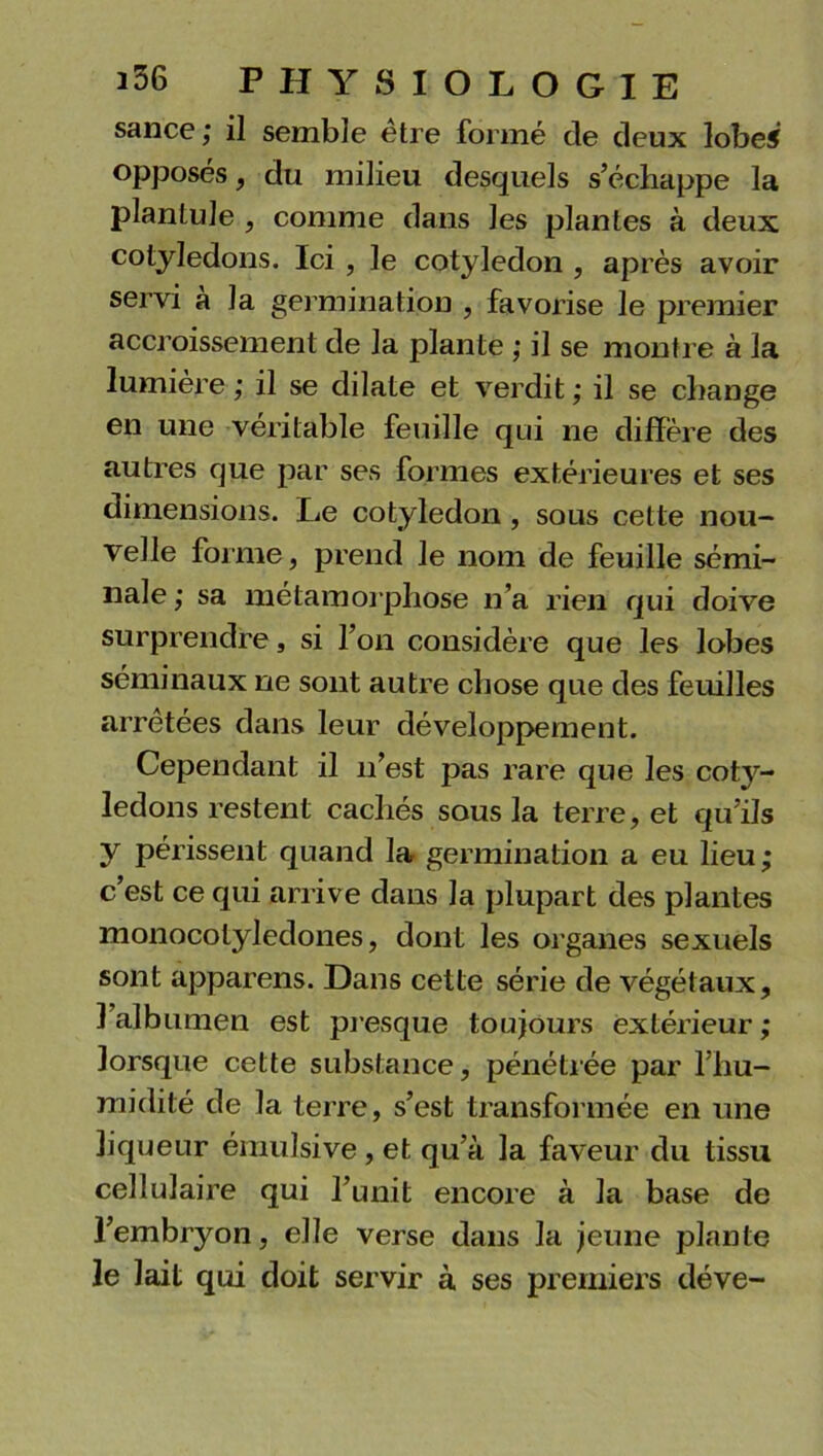 sance ; il semble etre formé de deux lobeJ opposés, du milieu desquels s’échappe la plantule , comme dans les plantes à deux cotylédons. Ici , le cotylédon , après avoir servi a la germination , favorise le premier accroissement de la plante ; il se montre à la lumière ; il se dilate et verdit ; il se change en une véritable feuille qui ne diffère des autres que par ses formes extérieures et ses dimensions. Le cotylédon , sous cette nou- velle forme, prend le nom de feuille sémi- nale ; sa métamorphose n’a rien qui doive surprendre, si l’on considère que les lobes séminaux ne sont autre chose que des feuilles arretées dans leur développement. Cependant il n’est pas rare que les coty- lédons restent cachés sous la terre, et qu’ils y périssent quand la germination a eu lieu; c’est ce qui arrive dans la plupart des plantes monocolyledones, dont les organes sexuels sont apparens. Dans cette série de végétaux, l’albumen est presque toujours extérieur ; lorsque cette substance, pénétrée par l’hu- midité de la terre, s’est transformée en une liqueur émulsive, et qu’à la faveur du tissu cellulaire qui l’unit encore à la base de l’embryon, elle verse dans la jeune plante le 1 ait qui doit servir à ses premiers déve-