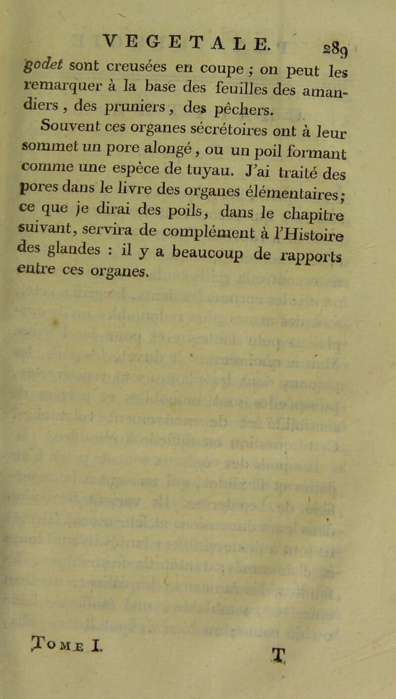 godet sont creusées en coupe ; on peut les remarquer a la base des feuilles des aman- diers , des pruniers, des pêchers. Souvent ces organes sécrétoires ont à leur sommet un pore alongé, ou un poil formant comme une espèce de tuyau. J ai traité des pores dans le livre des organes élémentaires ; ce que je dirai des poils, dans le chapitre suivant, servira de complément à FHistoire des glandes : il y a beaucoup de rapports entre ces organes. 1 T o n £ 1. T,