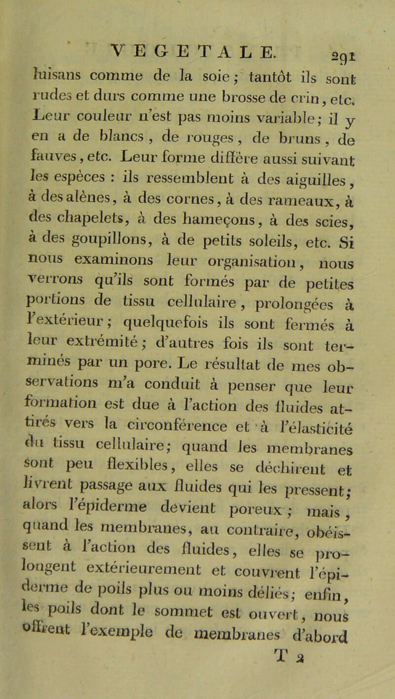 îuisans comme de la soie ; tantôt ils sont rudes et durs comme une brosse de crin, eLc. Leur couleur n’est pas moins variable; il y en a de blancs , de rouges, de bruns , de fauves, etc. Leur forme diffère aussi suivant les espèces : ils ressemblent à des aiguilles, à des alênes, à des cornes, à des rameaux, à des chapelets, à des hameçons, à des scies, à des goupillons, à de petits soleils, etc. Si nous examinons leur organisation, nous verrons qu’ils sont formés par de petites portions de tissu cellulaire, prolongées à l’extérieur; quelquefois ils sont fermés à leur extrémité; d’autres fois ils sont ter- minés par un pore. Le résultat de mes ob- servations m’a conduit à penser que leur formation est due à l’action des fluides at- tires vers la circonférence et à 1 élasticité du tissu cellulaire; quand les membranes sont peu flexibles, elles se déchirent et livrent passage aux fluides qui les pressent; alors l’épiderme devient poreux ; mais, quand les membranes, au contraire, obéis- sent à l’action des fluides, elles se pro- longent extérieurement et couvrent l’épi- derme de poils plus ou moins déliés; enfin, les pods dont le sommet est ouvert, nous olhent l’exemple de membranes d’abord