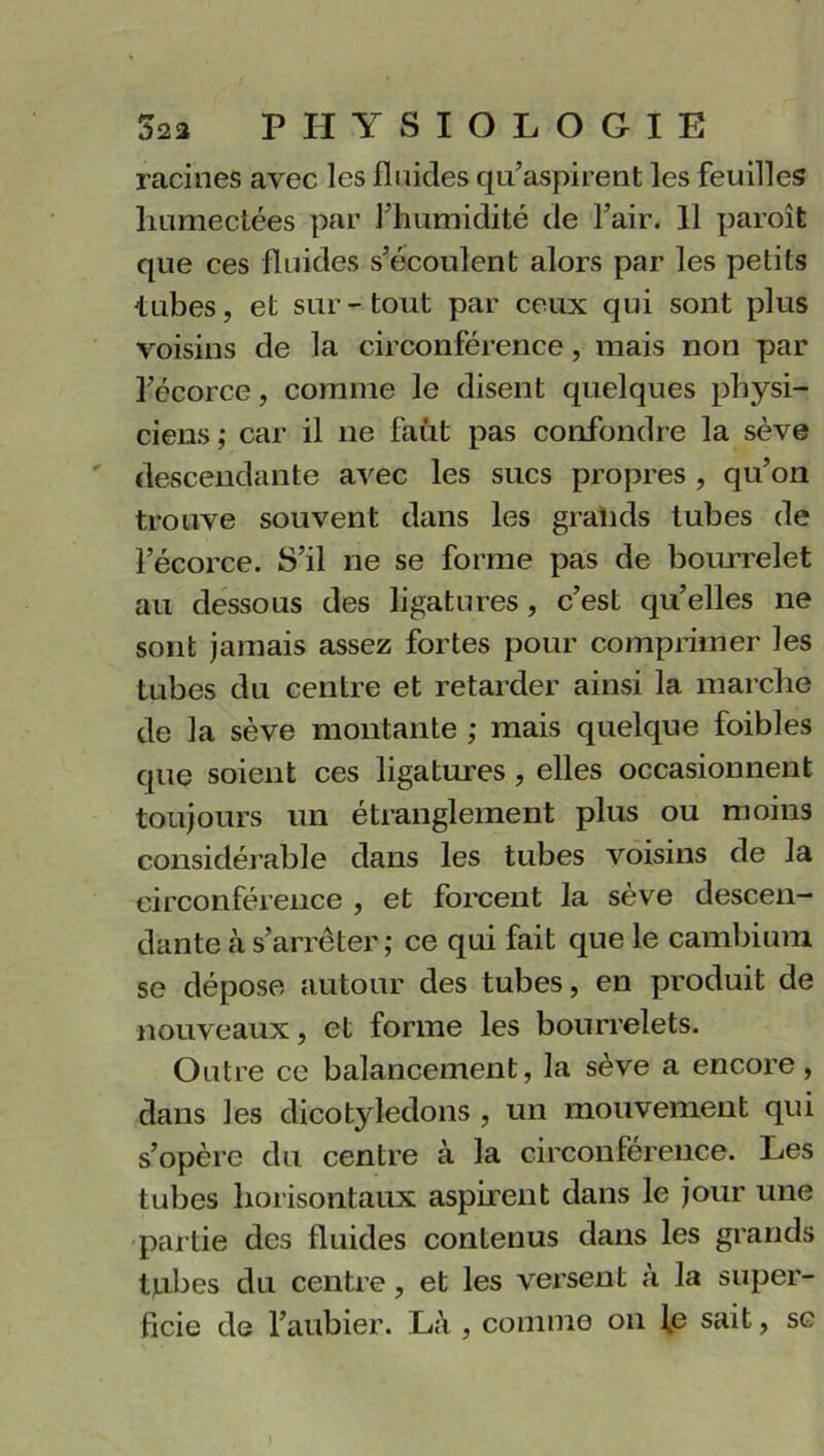 racines avec les fluides qu’aspirent les feuilles humectées par l’humidité de l’air. Il paroît que ces fluides s’écoulent alors par les petits tubes, et sur-tout par ceux qui sont plus voisins de la circonférence, mais non par l’écorce, comme le disent quelques physi- ciens; car il ne faut pas confondre la sève descendante avec les sucs propres , qu’on trouve souvent dans les grands tubes de l’écorce. S’il ne se forme pas de bourrelet au dessous des ligatures, c’est qu’elles ne sont jamais assez fortes pour comprimer les tubes du centre et retarder ainsi la marche de la sève montante ; mais quelque foibles que soient ces ligatures , elles occasionnent toujours un étranglement plus ou moins considérable dans les tubes voisins de la circonférence , et forcent la sève descen- dante à s’arrêter; ce qui fait que le cambium se dépose autour des tubes, en produit de nouveaux, et forme les bourrelets. Outre ce balancement, la sève a encore, dans les dicotyledons , un mouvement qui s’opère du centre à la circonférence. Les tubes horisontaux aspirent dans le jour une partie des fluides conLenus dans les grands tubes du centre, et les versent à la super- ficie de l’aubier. Là , comme on le sait, se