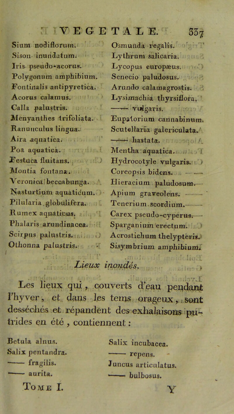 V E G- E T A Xi E. 35^ Sium nodiflorutn. Sison inundutum. Iris pseudo-acorus. Polygonum amphibium. Fontinalis antipyretica. Acorus calamus. Cal la palustris. Menyanthes trifoliata. Ranuuculus lingua. Aira aquatica. Poa aquatica. Pestuca fluitans. Montia fontana. Veronica beccabunga. Nasturtium aquaticum. Pilularia. globulifera. .Rumex aquaticus. Pbalaris arundinacea. Scirpus palustris. n.i Olhonna palustris. Osmunda regalis. Lythrum salicaria. Lycopus europæus. Senecio paludosus. Arundo calamagrostis. Lysimachia tbyrsiflora. — vuigaris. Eupatorium cannabinum. Scutellaria galericulata. -v— liastala. Mentha aquatica. Hydrocotyle vulgaris. Coreopsis bidens. - — Hieracium paludosum. Apium graveolens. Tenerium scordium. Carex pseudo-cyperas^— Sparganium erectum. Acrostichum tbelypteris. Sisymbrium amphibium. Lieux inondés. . . r>; .. . ; • *i | Les lieux qui , couverts cl’eau pendant l’hyver, et dans les teins orageux,sont desséchés et répandent des exhalaisons pu- trides en été , contiennent : Bctula alnus. Salix pentandra. fragilis. — aurita. Tome I. Salix incubacea. repens. Juncus articulatus. •—— bulbosus. Y