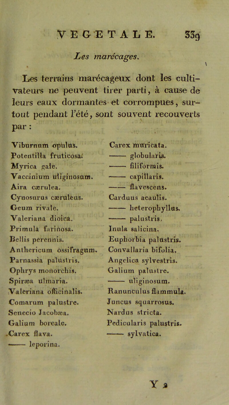 Les marécages. Les terrains marécageux dont les culti- vateurs ne peuvent tirer parti, à cause de leurs eaux dormantes et corrompues, sur- tout pendant l’été, sont souvent recouverts par : Viburnnm opulus. Potentilla fruticosa.' Myrica cale. Vacoinium ütiginosum. Aira cærulea. Cynosurus cæruleus. Geum rivale. Valeriana dioica. Primula farinosa. Bellis perennis. Anthericum ossifragum. Parnassia paluslris. Ophrys monorchis. Spiræa ulmaria. Valeriana officinalis. Comarum palustre. Senecio Jacobæa. Galium boréale. .Carex flava. leporina. Carex mtfricata. globularis. ■ filiformis. capillaris. flavescëns. Carduus acaulis. heterophyllus. palustris, Inula salicina. Euphorbia palustris. Convallaria bifolia. Angelica sylvestris. Galium palustre. uliginosum. Ranunculus flummula. Juncus squarrosus. Nardus stricta. Pedicularis palustris. sylvatica.