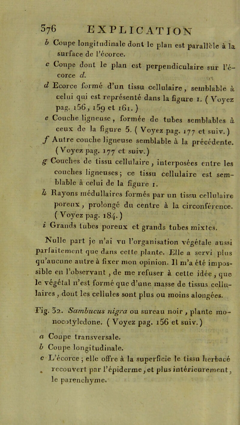 h Coupe longitudinale donl le plan est parallèle à la surface de l’écorce. c Coupe donl le plan est perpendiculaire sur l’é- corce cl. d Ecorce formé d’un tissu cellulaire, semblable à celui qui est représenté dans la figure i. ( Voyez pag. i56, 159 et 161. ) e Couche ligneuse , formée de tubes semblables à ceux de la figure 5. ( Voyez pag. 177 et suiv. ) f Aulre couche ligneuse semblable à la précédente. (Voyez pag. 177 et suiv.) g Couches de tissu cellulaire, interposées entre les couches ligneuses ; ce tissu cellulaire est sem- blable à celui de la figure 1. 4 Rayons médullaires formés par un tissu cellulaire poreux , prolonge du centre à la circonférence. ( Voyez pag. 184. ) i Grands tubes poreux et grands tubes mixtes. Nulle part je n’ai vu l’organisation végétale aussi parfaitement que dans celle plante. Elle a servi plus qu’aucune aulre à fixer mon opinion. 11 m’a été impos- sible en l’observant , de me refuser à cette idée , que le végélal n’est formé que d’une masse de tissus cellu- laires , dont les cellules sont plus ou moins alongées. ^ s- 52. Sctrnbucus nigra ou sureau noir , plante mo- nocotyledone. ( Voyez pag. i56 et suiv.) a Coupe transversale. b Coupe longitudinale. c L’écorce ; elle offre à la superficie le tissu herbacé , recouvert par l’épiderme, et plus intérieurement, le parenchyme.