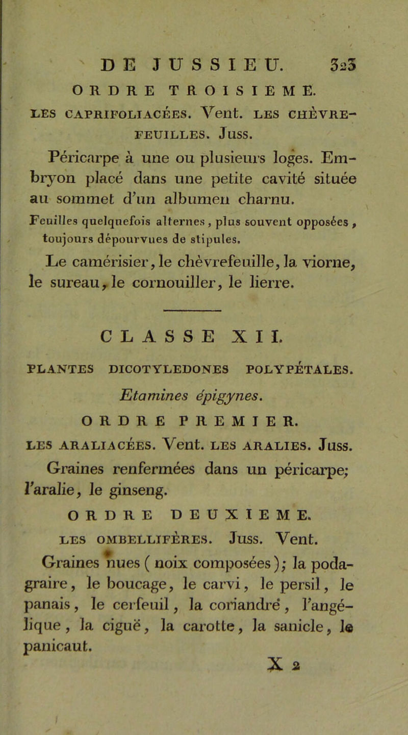 ORDRE TROISIEME. LES CAPRIFOLIACEES. Vent. LES CHEVRE- FEUILLES. Juss. Péricarpe à une ou plusieurs loges. Em- bryon placé clans une petite cavité située au sommet d’un albumen charnu. Feuilles quelquefois alternes , plus souvent opposées , toujours dépourvues de stipules. Le catnérisier, le chèvrefeuille, la viorne, le sureau, le cornouiller, le lierre. CLASSE XII. PLANTES DICOTYLEDONES POLYPETALES. Etamines épigynes. ORDRE PREMIER. LES ARALIACÉES. Vent. LES ARALIES. JUSS. Graines renfermées dans un péricarpe; l’ara lie, le ginseng. ORDRE DEUXIEME. LES OMBELLIFÈRES. JilSS. Veilt. Graines nues ( noix composées); la poda- graire, le boucage, le carvi, le persil, le panais , le cerfeuil, la coriandre*, l’angé- lique , la ciguë, la carotte, la sanicle, le panicaut. X 2