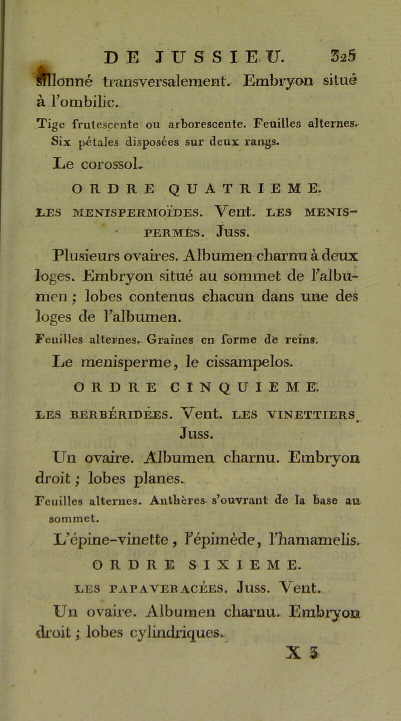 Pilonné transversalement. Embryon situé à l’ombilic. Tige frutescente ou arborescente. Feuilles alternes. Six pétales disposées sur deux rangs. Le corossoL ORDRE QUATRIEME. LES MENISPERMOIDES. Vent. LES MENIS- FERMES. JUSS. Plusieurs ovaires. Albumen charnu à deux loges. Embryon situé au sommet de Falbu- men ; lobes contenus chacun dans une des loges de l’albumen. Feuilles alternes. Graines en forme de reins. Le menisperme, le cissampelos. ORDRE CINQUIEME. LES BERBÉRIDKES. Vent. LES VINETTIERS Juss. Un ovaire. Albumen charnu. Embryon droit ; lobes planes. Feuilles alternes. Anthères s’ouvrant de la base au sommet. L’cpine-vinette, Fépimède, rhamamelis. ORDRE SIXIEME. LES PAPAVEBACÉES. JllSS. Veilt. Un ovaire. Albumen charnu. Embryon droit ; lobes cylindriques*. X 3