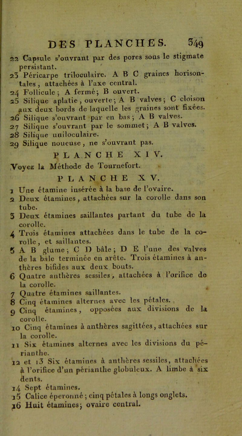 22 Capsule s’ouvrant par des pores soas le stigmate persistant. 23 Péricarpe triloculaire. ABC graines horison- tales , attachées à l’axe central. 24 Follicule; A fermé; B ouvert. a5 Silique aplatie , ouverte ; A B valves; C cloison aux deux bords de laquelle les graines sont fixées. 26 Silique s’ouvrant par en bas ; A B valves. 27 Silique s’ouvrant par le sommet; A B valves. 28 Silique uniloculaire. 29 Silique noueuse , ne s’ouvrant pas. PLANCHE XIV. Voyez la Méthode de Tournefort. PLANCHE XV. 3 Une étamine insérée à la base de l’ovaire. 2 Deux étamines, attachées sur la corolle dans son tube. 3 Deux étamines saillantes partant du tube de la corolle. 4 Trois étamines attachées dans le tube de la co- rolle, et saillantes. SAB glume ; C D bâle ; D E l’une des valves de la baie terminée en arête. Trois étamines à an- thères bifides aux deux bouts. 6 Quatre anthères sessiles, attachées à l’orifice de la corolle. 7 Quatre étamines saillantes. 8 Cinq étamines alternes avec les pétales. 9 Cinq étamines , opposées aux divisions de la corolle. ro Cinq étamines à anthères sagittées, attachées sur la corolle. 11 Six étamines alternes avec les divisions du pé- rianthe. 12 et i3 Six étamines à anthères sessiles, attachées à l’orifice d’un périanlhe globuleux. A limbe à six dents. l4 Sept étamines. 35 Calice éperoriné ; cinq pétales à longs onglets. ^6 Huit étamiues; ovaire central.