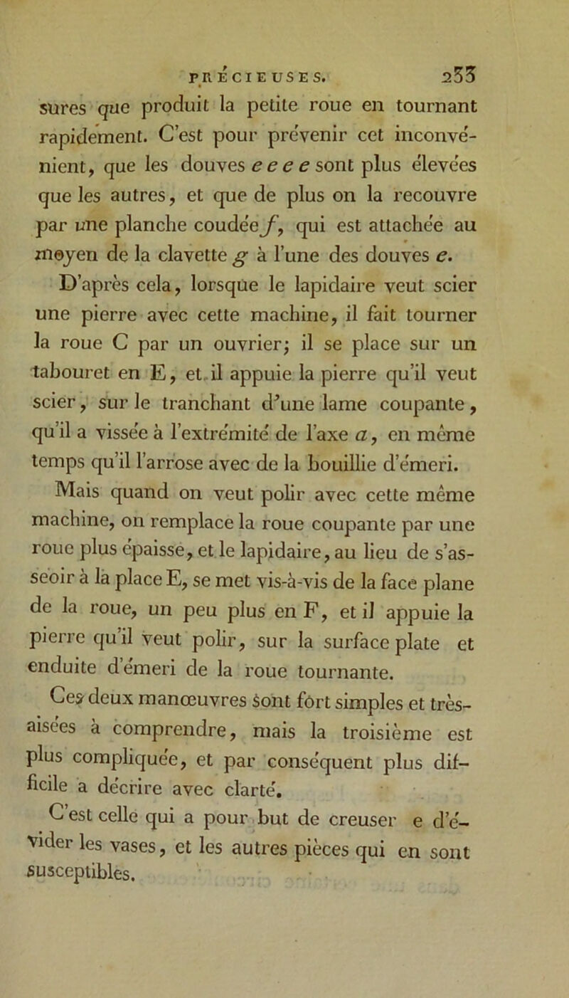 PRÉCIEUSES. 253 sures que produit la petite roue en tournant rapidement. C’est pour prévenir cet inconvé- nient, que les douves e e ^ ^ sont plus élevées que les autres, et que de plus on la recouvre par une planche coudée^, qui est attachée au mejen de la clavette ^ à l’une des douves e. D’après cela, lorsque le lapidaire veut scier une pierre avec cette machine, il fait tourner la roue C par un ouvrier; il se place sur un tabouret en E, et.il appuie la pierre qu’il veut scier,' sur le tranchant d^’une lame coupante, qu’il a vissée à l’extrémité de l’axe a, en même temps qu’il l’arrose avec de la bouillie d’émeri. Mais quand on veut pohr avec cette même machine, on remplace la roue coupante par une roue plus épaisse, et le lapidaire, au lieu de s’as- seoir à là place E, se met vis-à-vis de la face plane de la roue, un peu plus en F, et il appuie la pierre quil veut polir, sur la surface plate et enduite demeri de la roue tournante. Ces deux manœuvres 3ont fôrt simples et très- aisées à comprendre, mais la troisième est plus compliquée, et par conséquent plus dif- ficile a décrire avec clarté. C est celle qui a pour but de creuser e d’é- vider les vases, et les autres pièces qui en sont susceptibles.