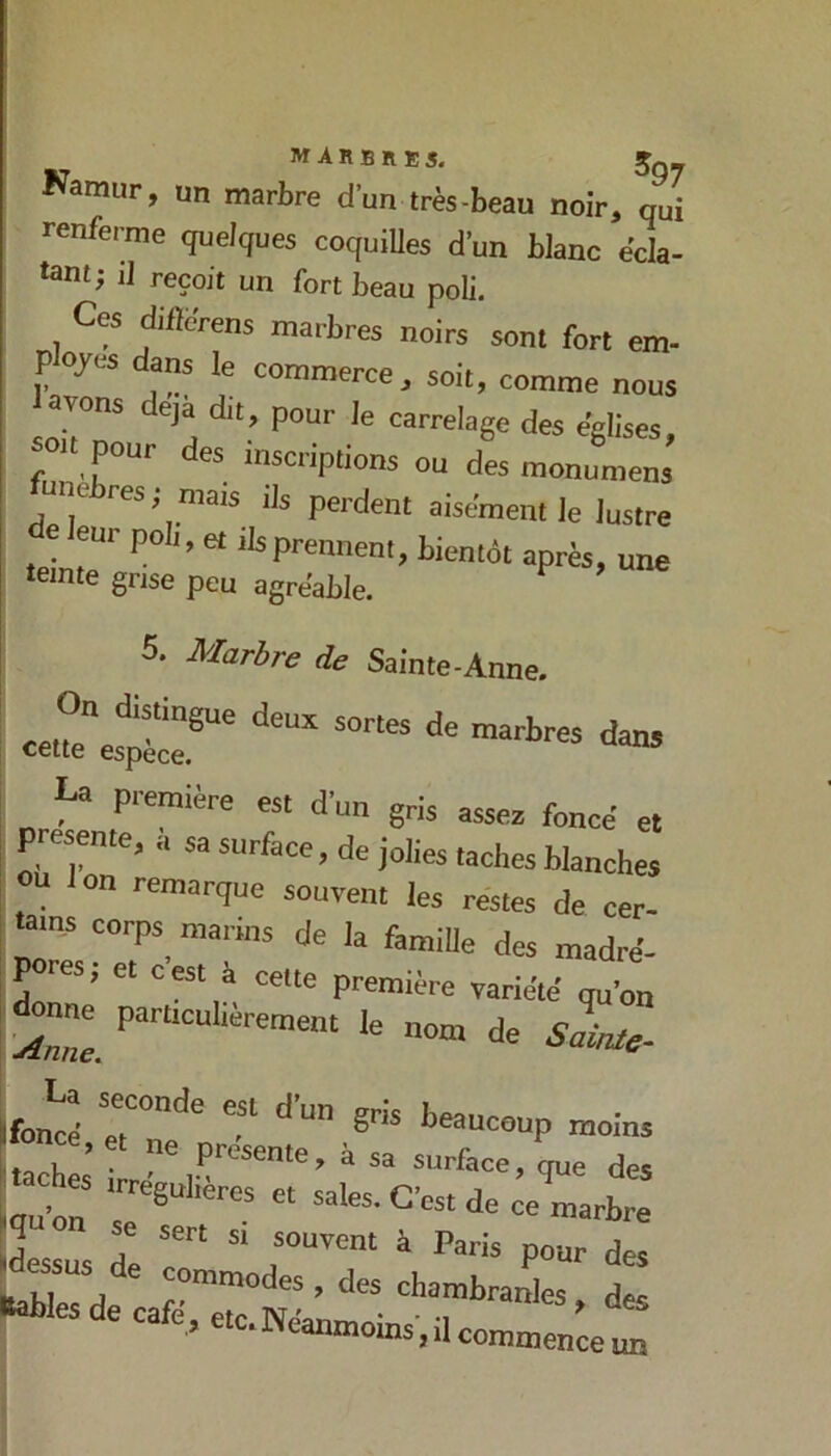 Namur, un marbre d’un très-beau noir, qui renferme quelques coquiUes d’un blanc écla- tant; il reçoit un fort beau poli. Ces difïerens marbres noirs sont fort em- Pojes dans le commerce, soit, comme nous avons déjà dit, pour le carrelage des églises, oit pour des inscriptions ou des monumens ne res; mais ils perdent aisément le lustre deleur poli, et ils prennent, bientôt après, une teinte grise peu agréable. 5. Marbre de Sainte-Anne. La première est du„ gris assea foncé et présente, a sa surface, de jolies taches blanches ou I on remarque souvent les restes de cer- ^■ns corps marins de la famille des madré- ;^res, et cest à cette première variété qu’on ‘o om de S^me- Ifonrf S* iqu’4 s?® «marbre î « sert SI souvent à Paris pour des feus de commodes , des chambranles des itables de café pts- ^ ’ Néanmoins, il commence un