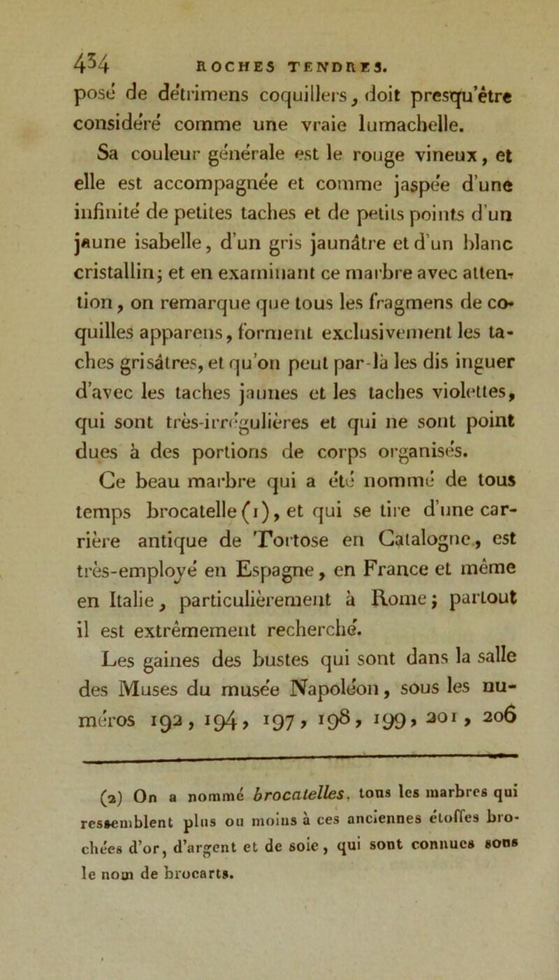 posé de de'ti’imens coquillers, doit presiqu’étre considéré comme une vraie lumachelle. Sa couleur générale est le rouge vineux, et elle est accompagnée et comme jaspée d’une infinité de petites taches et de petits points d’un jaune isabelle, d’un gris jaunâtre et d’un blanc cristallinj et en examinant ce marbre avec atlem lion, on remarque que tous les fi agmens de co» quilles appareils, forment exclusivement les ta- ches grisâtres, et qu’on peut par-là les dis inguer d’avec les taches jaunes et les taches violettes, qui sont très-irn’gulières et qui ne sont point dues à des portions de corps oi-ganisés. Ce beau marbre qui a été nommé de tous temps brocatelle(i), et qui se tire d’une car- rière antique de Tortose en Catalogne., est très-employé en Espagne, en France et même en Italie, particulièrement à Rome j partout il est extrêmement recherché. Les gaines des bustes qui sont dans la salle des Muses du musée Napoléon, sous les nu- méros 193, 194, 197, 198, 199, aoi, 206 (a) On a nommé brocaleîles, tons les marbres quî ressemblent plus ou moins à ces anciennes étoffes bro- chées d’or, d’argent et de soie, qui sont connues sons le nom de brocarts.