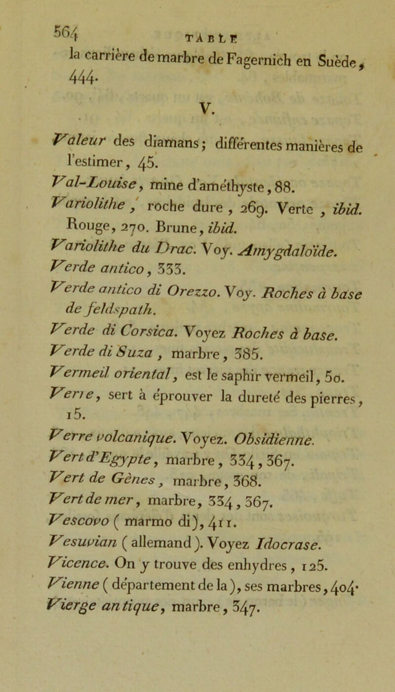 ^^4 TAsLr la carrière de marbre de Fagernich en Suède ♦ 444- V. Valeur des diamans; différentes manières de l’estimer, 45. VaULouise y mine d’améthjste, 88. VarioUthe , roche dure , 269. Verte , ihid. Rouge, 270, Brune, ihid. VarioUthe du Drac. Voy. Amygdaloïde. Verde antico, 333. Verde antico di Orezzo. Yoy. Roches à base de feldspath. Verde di Corsica. Voyez Roches à base. Verde di Suza , marbre, 385. Vermeil oriental, est le saphir vermeil, 5o. VeriBy sert à éprouver la dureté des pierres, i5. Verre volcanique. Voyez. Obsidienne. VertæEgypte y marbre, 334,367. Vert de Gènes, marbre, 368. Vert de mer y marbre, 334,367. Vescovo ( marmo di), 411. Vesuvian ( allemand). Voyez Idocrase. Vicence. On y trouve des enhydres , i25. Vienne ( département de la ), ses marbres, 4o4* Vierge antique y marbre, 347.