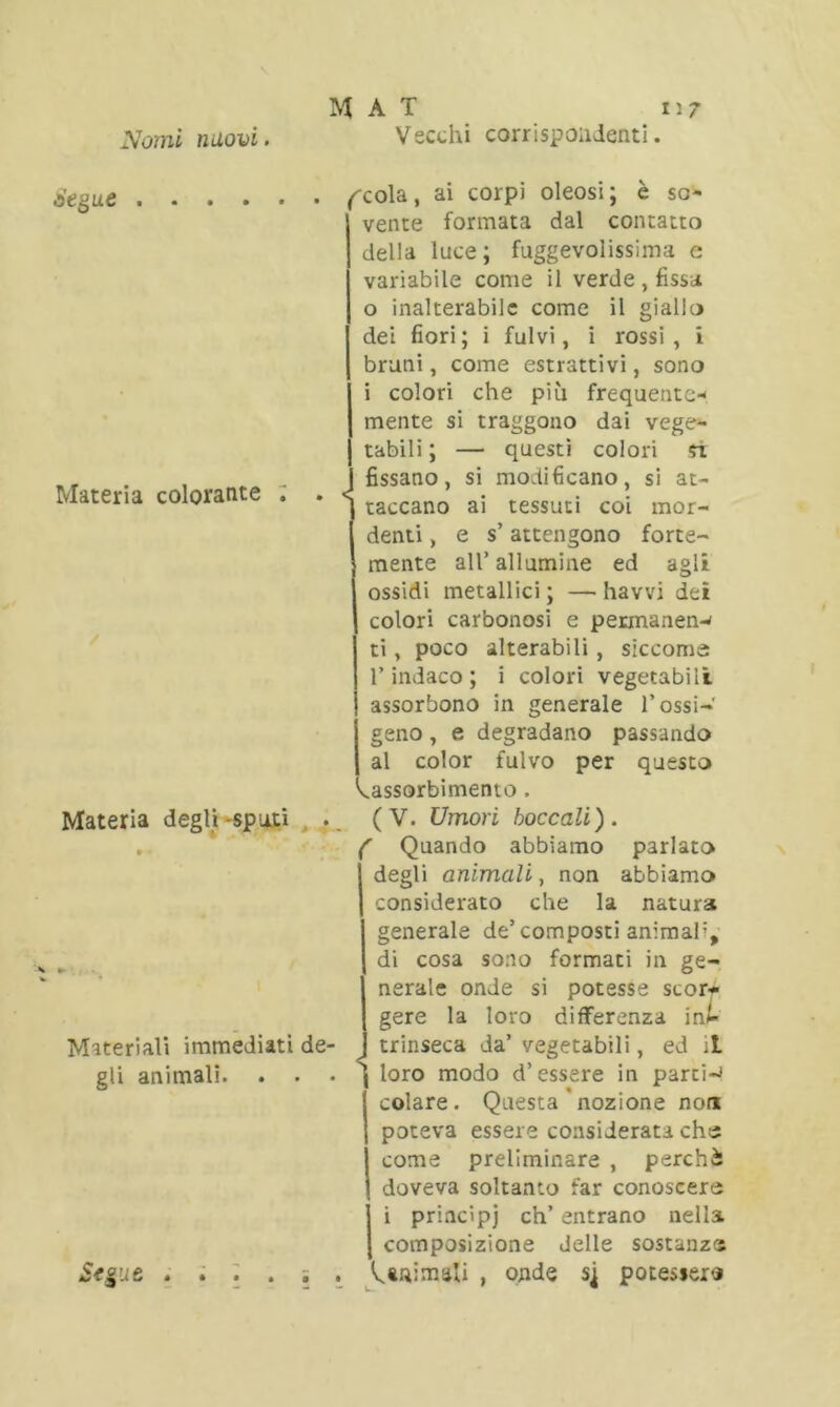 Segue Materia colorante Materia degli -sputi ^cola, ai corpi oleosi ; è so- vente formata dal contatto della luce; fuggevolissima c variabile come il verde, fissa 0 inalterabile come il giallo dei fiori; i fulvi, i rossi, i bruni, come estrattivi, sono 1 colori che più frequente- mente si traggono dai vege- tabili ; — questi colori si j fissano, si modificano, si at- ^ taccano ai tessuti coi mor- denti , e s’attengono forte- mente all’ allumine ed agli ossidi metallici ; — havvi dei colori carbonosi e permanenw ti, poco alterabili, siccome l’indaco; i colori vegetabiii assorbono in generale l’ossi- geno degradano passando per questo Materiali immediati de- gli animali. . . . Segue al color fulvo Vassorbimento. (V. Umori boccali). ( Quando abbiamo parlato degli animali, non abbiamo considerato che la natura generale de’composti animai’, di cosa sono formati in ge- nerale onde si potesse storr gere la loro differenza inL trinseca da’ vegetabili, ed il 'J loro modo d’essere in parti-» colare. Questa * nozione non poteva essere considerata chs come preliminare , perchè doveva soltanto far conoscere i princìpi eh’ entrano nella composizione delle sostanza Animali , onde sj potessero