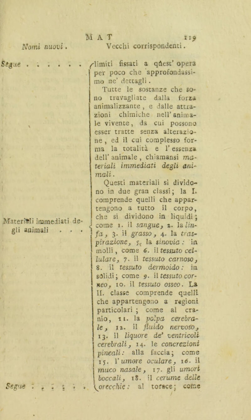 M A T 1151 Materiali immediati de- gli animali . • . Segue ...... ^limiti fissati a qdest’ opera per poco che approfondassi- mo ne’ dettagli. Tutte le sostanze che so- no travagliate dalla forza animalizzante , e dalle attra- zioni chimiche nell’anima- le vivente, da cui possono esser tratte senza alterazio- ne , ed il cui complesso for- ma la totalità e l’essenza dell’ animale , chiamansi ma- teriali immediati degli ani- mali . Questi materiali si divido- no in due gran classi; la I. comprende quelli che appar- tengono a tutto il corpo, che si dividono in liquidi ; come i. il sangue, i. la lin- fa, 3. il grasso, 4. la tras- pirazione, la sinovia: in molli, come 6. il tessuto cel- lulare, 7• h tessuto carnoso, 8. il tessuto dernrioido : in solidi; come 9- il tessuto cor- neo, io. il tessuto osseo. La II. classe comprende quelli che appartengono a ragioni particolari ; come al cra- nio, xi. la polpa cerebra- le, ir. il fluido nervoso, 13. il liquore de’ ventricoli cerebrali, 14. le concrezioni pineali: alla faccia; come ij. V umore oculare, 16. il muco nasale, 17. gli umori boccali, 18. il cerume delle 1