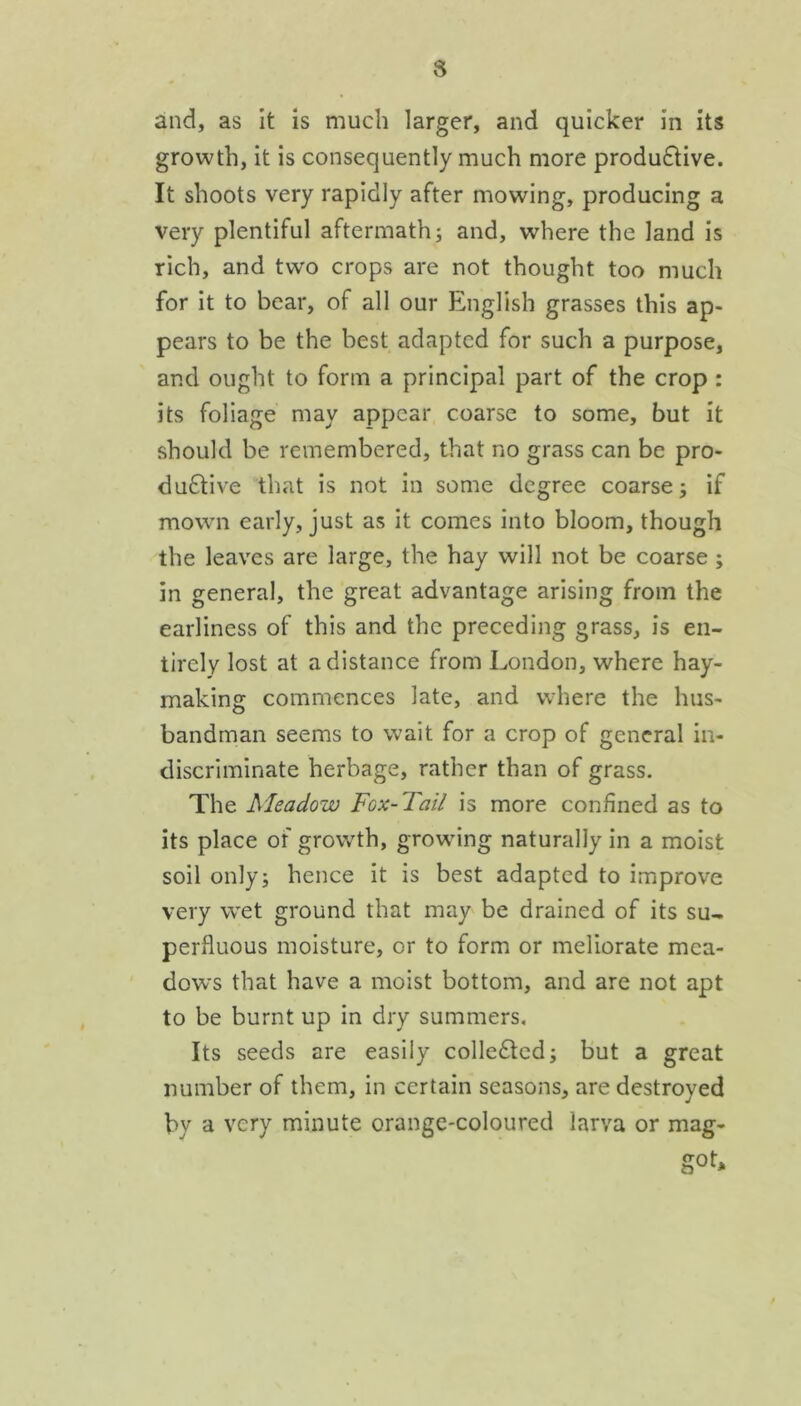 and, as It is much larger, and quicker in its growth, it is consequently much more productive. It shoots very rapidly after mowing, producing a very plentiful aftermath j and, where the land is rich, and two crops are not thought too much for it to bear, of all our English grasses this ap- pears to be the best adapted for such a purpose, and ought to form a principal part of the crop : its foliage may appear coarse to some, but it should be remembered, that no grass can be pro- ductive that is not in some degree coarse 5 if mown early, just as it comes into bloom, though the leaves are large, the hay will not be coarse; in general, the great advantage arising from the earliness of this and the preceding grass, is en- tirely lost at a distance from London, where hay- making commences late, and where the hus- bandman seems to wait for a crop of general in- discriminate herbage, rather than of grass. The Meadow Fox-Tail is more confined as to its place of growth, growing naturally in a moist soil only; hence it is best adapted to improve very wet ground that may be drained of its su-. perfluous moisture, or to form or meliorate mea- dows that have a moist bottom, and are not apt to be burnt up in dry summers. Its seeds are easily colleClcd; but a great number of them, in certain seasons, are destroyed by a very minute orange-coloured larva or mag-