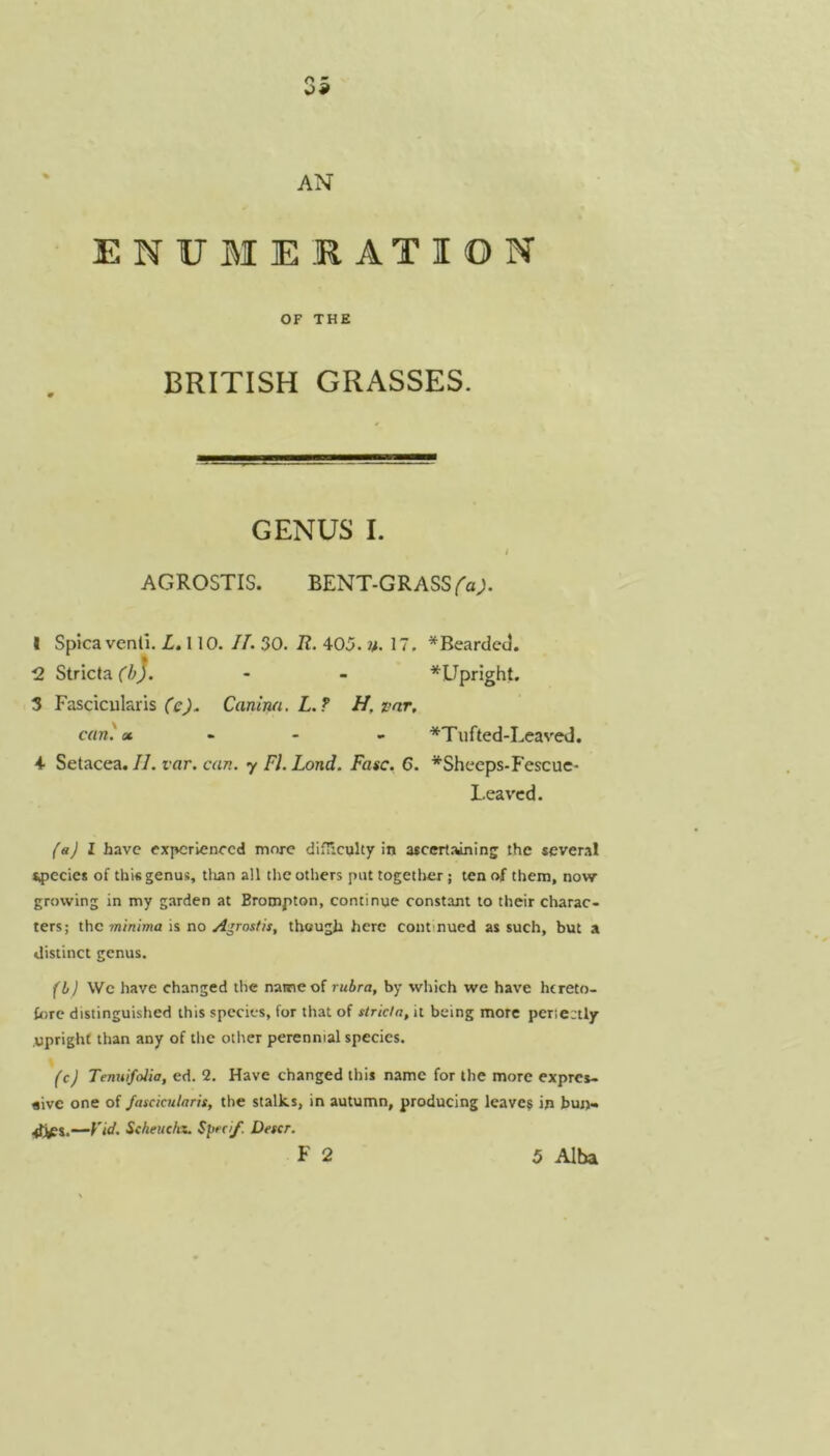 AN ENUMERATION OF THE BRITISH GRASSES. GENUS I. I AGROSTIS. BENT-GRASS/'a;. I Spicaventi. Z. 110. //. 30. R. 403. 17. *Beardetl. •2 Stricta (b^. - - *Upright. 3 Fascicularis Canmi, L.? H,var, can)» ... *Tiifted-Leaved. 4 Setacea. II. var. can. y Fl. Land. Fa$c. 6. *Shccps-Fescue- Leavcd. faj l have experienced more difTicqlty in ascertaining the sever.tl s^jccies of this genus, tlian all the others put togetlier; ten of them, now growing in my garden at Brompton, continue constant to their charac- ters; the 7n/n/ma is nothough here continued as such, but a distinct genus. fb) Wc have changed the name of rubra, by which we have hereto- fore distinguished this species, for that of stricla, it being more per!C:tly .upright than any of the other perennial species. (c) Tenuifolia, ed. 2. Have changed this name for the more expres- «ivc one of fascicutaris, the stalks, in autumn, producing leaves in bun- Stheuchx. Spreif- Defer. F 2 3 Alba