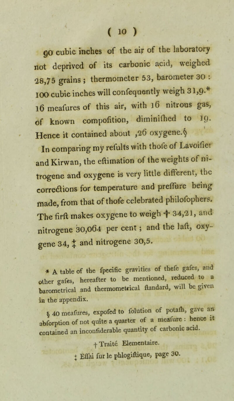 go cubic inches of the air of the laboratory not deprived of its carbonic acid, weighed 28,75 grains ; thermometer 53, barometer 30 : 100 cubic inches will confequently weigh 31,9. l6meafuresof this air, with 16 nitrous gas, of known compofition, diminifhed to K). Hence it contained about ,26 oxygene.§ In comparing my refults with thofe of Lavoifier and Kirwan, the eftimation of the weights of ni- trogene and oxygene is very little different, the corredtions for temperature and prelfure being made, from that of thofe celebrated philofophers. The firfl makes oxygene to weigh -f* * * § 34,21, and nitrogene 30,o64 per cent; and the laft, oxy- gene 34, X and nitrogene 30,5. * A table of the fpecific gravities of thefe gafes, and other gafes, hereafter to be mentioned, reduced to a barometrical and thermomcUical ftandard, will be given in the appendix. § 40 meafures, cxpofed to folution of potafli, gave an abforption of not quite a quarter of a meafurc : hence xt contained an inconfiderable quantity of carbonic acid. fTraite E^ementaire. + Effai fur le phlogiftique, page 30.