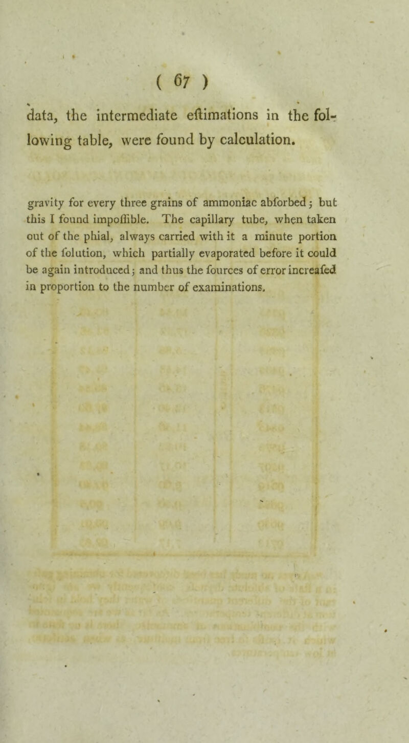 data, the intermediate eftimations in the folr lowing table, were found by calculation. gravity for every three grains of ammoniac abforbed; but this I found impoflible. The capillary tube, when taken out of the phial, always carried with it a minute portion of the folution, which partially evaporated before it could be again introduced j and thus the fources of error increafed in proportion to the number of examinations. f , t