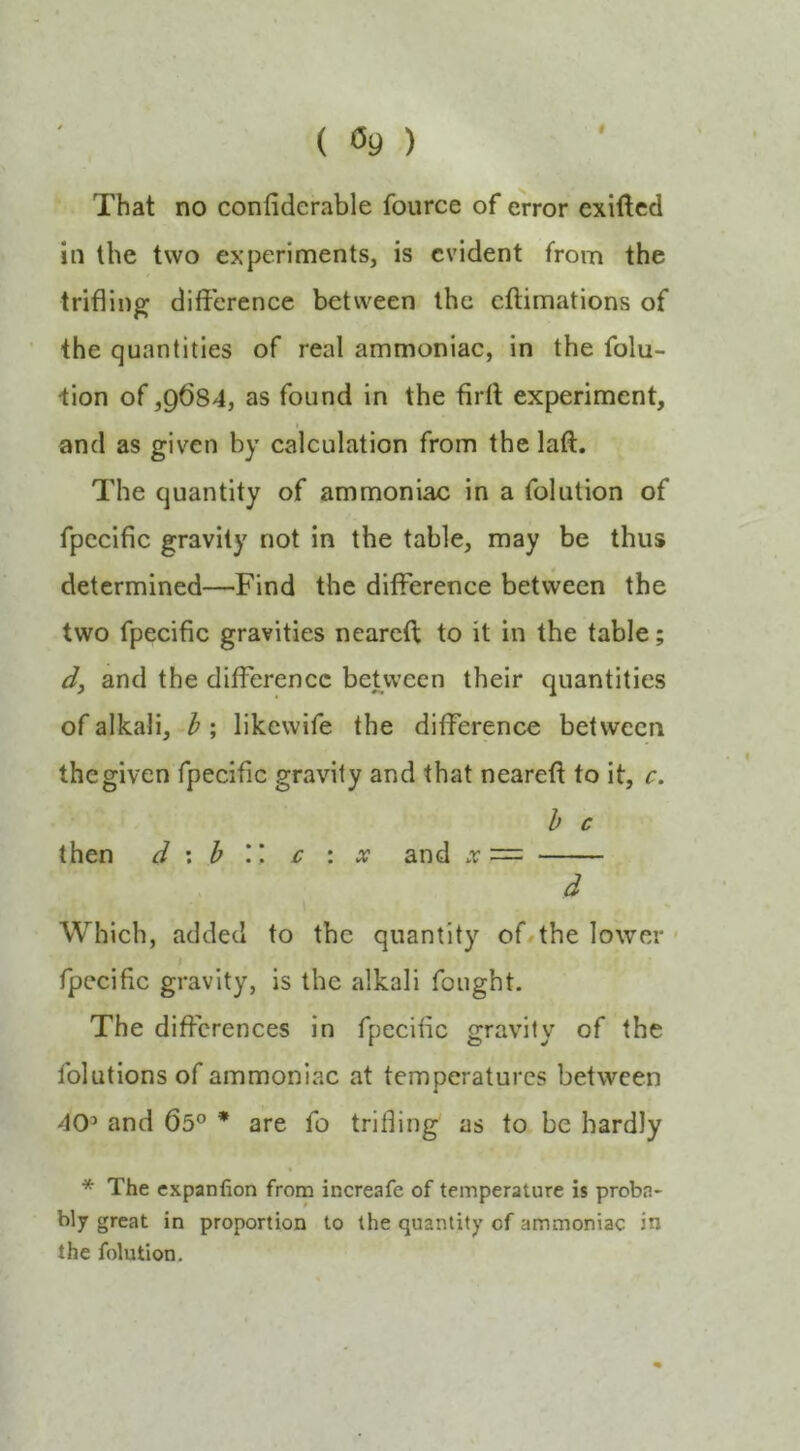 That no confiderable fource of error exiftcd in the two experiments, is evident from the trifling difference between the eftimations of the quantities of real ammoniac, in the folu- tion of ,q684, as found in the firtl experiment, and as given by calculation from the laff The quantity of ammoniac in a folution of fpccific gravity not in the table, may be thus determined—Find the difference between the two fpecific gravities ncareft to it in the table; dy and the difference between their quantities of alkali, h ; likewife the difference between the given fpecific gravity and that nearefl: to it, r. /f c then d \ h II c : x and x~= d Which, added to the quantity of#the lower fpccific gravity, is the alkali fought. The differences in fpecific gravity of the folutions of ammoniac at temperatures between 40’ and 65° * are fo trifling as to be hardly * The expanfion from increafe of temperature is proba- bly great in proportion to the quantity of ammoniac in the folution.