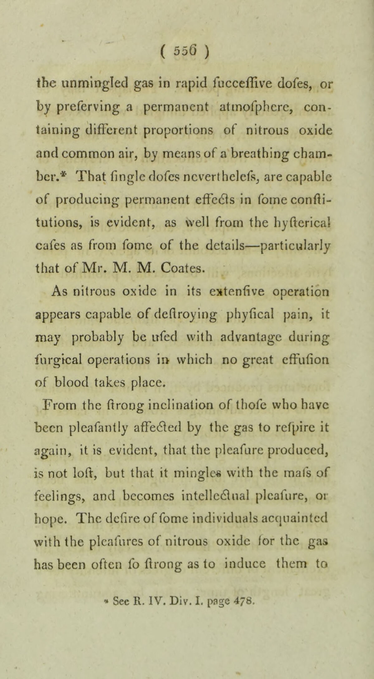 Printed page 556 of Humphry Davy’s Researches, containing his observation that nitrous oxide might be used during surgical operations.