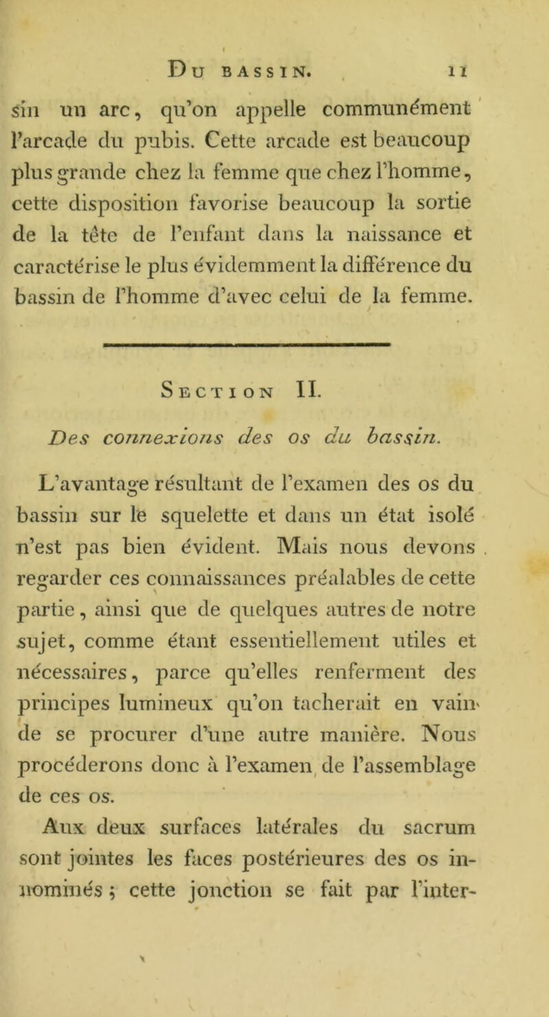 sill un arc, qii’on appelle communément l’arcade du pubis. Cette arcade est beaucoup plus grande chez la femme que chez l’homme, cette disposition favorise beaucoup la sortie de la tête de l’enfant dans la naissance et caractérise le plus évidemment la différence du bassin de l’homme d’avec celui de la femme. Section IL Des connexions des os du bassin. L’avantae:e résultant de l’examen des os du bassin sur le squelette et dans un état isolé n’est pas bien évident. Mais nous devons . regarder ces connaissances préalables de cette pcU’tie, ainsi que de quelques autres de notre sujet, comme étant essentiellement utiles et nécessaires, parce qu’elles renferment des principes lumineux qu’on tacherait en vaim de se procurer d’une autre manière. Nous procéderons donc à l’examen, de l’assemblage de ces os. Aux deux surfaces latérales du sacrum sont jointes les faces postérieures des os in- nominés ; cette jonction se fait par l’inter-