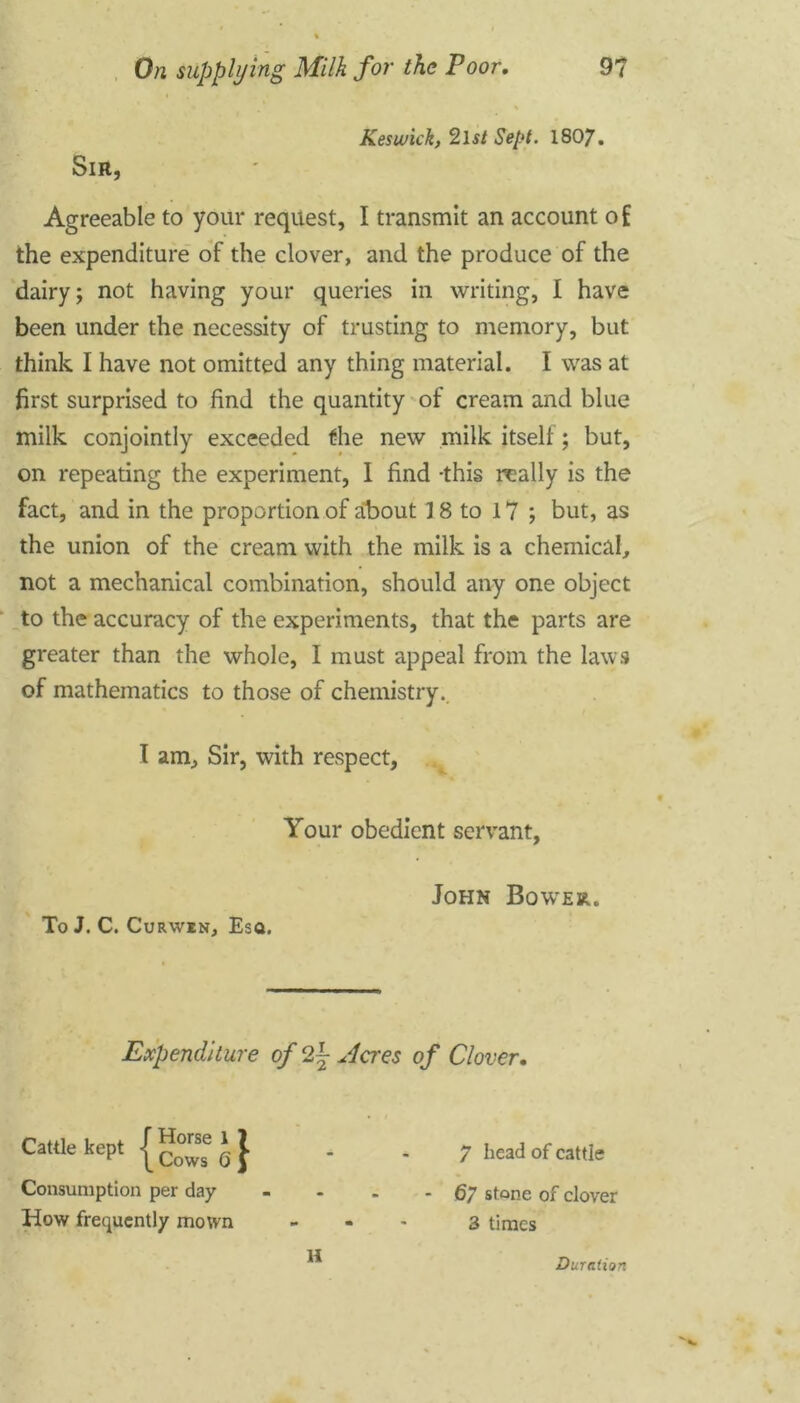 % Keswick, 2Is/ Sept. 1807. Sir, Agreeable to your request, I transmit an account of the expenditure of the clover, and the produce of the dairy; not having your queries in writing, I have been under the necessity of trusting to memory, but think I have not omitted any thing material. I was at first surprised to find the quantity of cream and blue milk conjointly exceeded the new milk itself; but, on repeating the experiment, I find -this really is the fact, and in the proportion of about 18 to 17 ; but, as the union of the cream with the milk is a chemical, not a mechanical combination, should any one object to the accuracy of the experiments, that the parts are greater than the whole, I must appeal from the laws of mathematics to those of chemistry. I am. Sir, with respect. Your obedient servant, John Bower. To J. C. Curwin, Esa, Expenditure of Acres of Clover. Cattle kept qow^ q ^ - -7 bead of cattle Consumption per day - - . - 67 stone of clover How frequently mown - 3 times H Duration