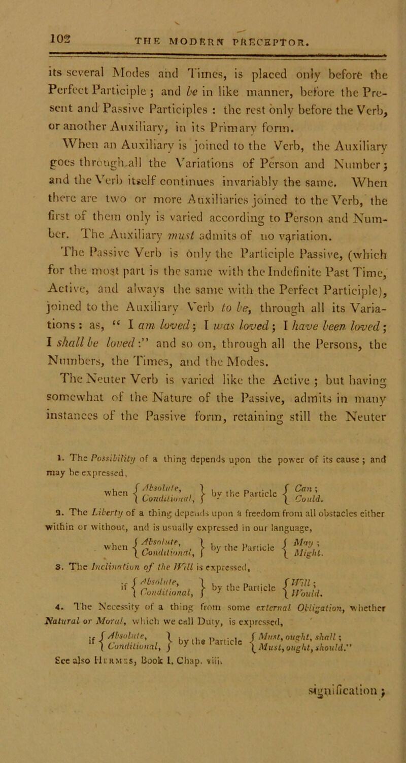 its several Modes and Times, is placed only before the Perfect Participle ; and be in like manner, before the Pre- sent and Passive Participles : the rest only before the Verb, or another Auxiliary, in its Primary form. When an Auxiliary is joined to the Verb, the Auxiliary goes through-all the Variations of Person and Number j and the Verb itself continues invariably the same. When there are two or more Auxiliaries joined to the Verb, the first of them only is varied according to Person and Num- her. The Auxiliary must admits of no variation. The Passive Verb is Only the Participle Passive, (which for the most part is the same with the Indefinite Past Time, Active, and always the same with the Perfect Participle), joined to the Auxiliary Verb to be, through all its Varia- tions : as, “ I am loved; I was loved; I have been, loved; I shall be loved'. and so on, through all the Persons, the Numbers, the Times, and the Modes. The Neuter Verb is varied like the Active; but having somewhat of the Nature of the Passive, admits in many instances of the Passive form, retaining still the Neuter 1. The Possibility of a thing depends upon the power of its cause ; and may be expressed, WhCn { cZual'na!, } hY tlie Particlc { Could. □ . The Liberty of a thing depends upon & freedom front all obstacles either within or without, and is usually expressed in our language, when {fZdlZnnl, | by the Particle { 3. The Inclination of the Will is expressed, if{£vLj, } by the Particle 4. The Necessity of a thing from some external Obligation, whether Natural or Moral, which we cull Duty, is expressed, shall; •f f Absolute, \ , . . f Must, audit, | Conditional, j Y ‘ (Must, ought, s See also Hermes, Book L. Chap, vii'n should.’ signification;