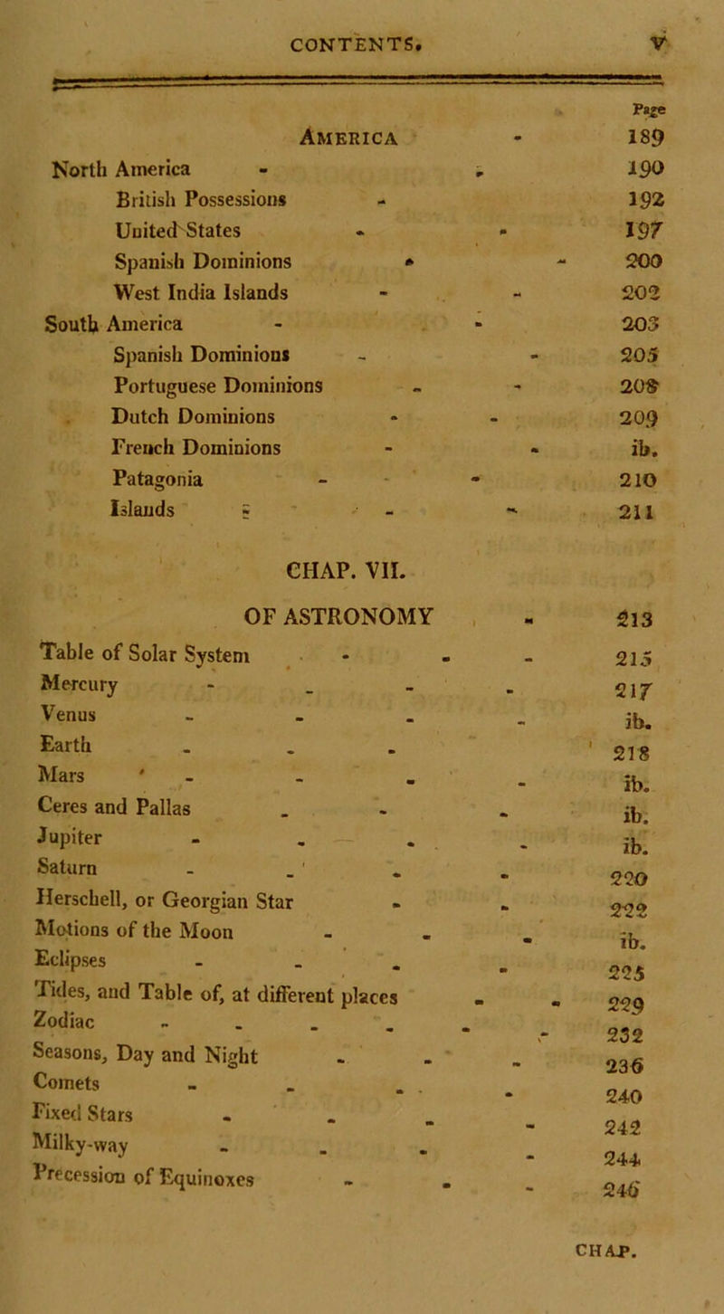 America North America British Possessions United States Spanish Dominions • West India Islands South America Spanish Dominions Portuguese Dominions Dutch Dominions French Dominions Patagonia Islands = ' - - CHAP. VII. OF ASTRONOMY Table of Solar System Mercury - . _ V’^enus ... Earth ... Mars ' - Ceres and Pallas Jupiter - . . Saturn - . ' . Ilerschell, or Georgian Star » RIotions of the Moon Eclipses - . , Tides, and Table of, at different places Zodiac - . . . Seasons, Day and Night Comets Fixed Stars - . Milky-way - . . Precession of Equinoxes Page 189 190 192 197 200 202 303 205 20® 209 il>. 210 211 213 215 2ir ib. 218 ib. ib. ib. 220 222 ib. 225 229 232 236 240 242 244. 246*