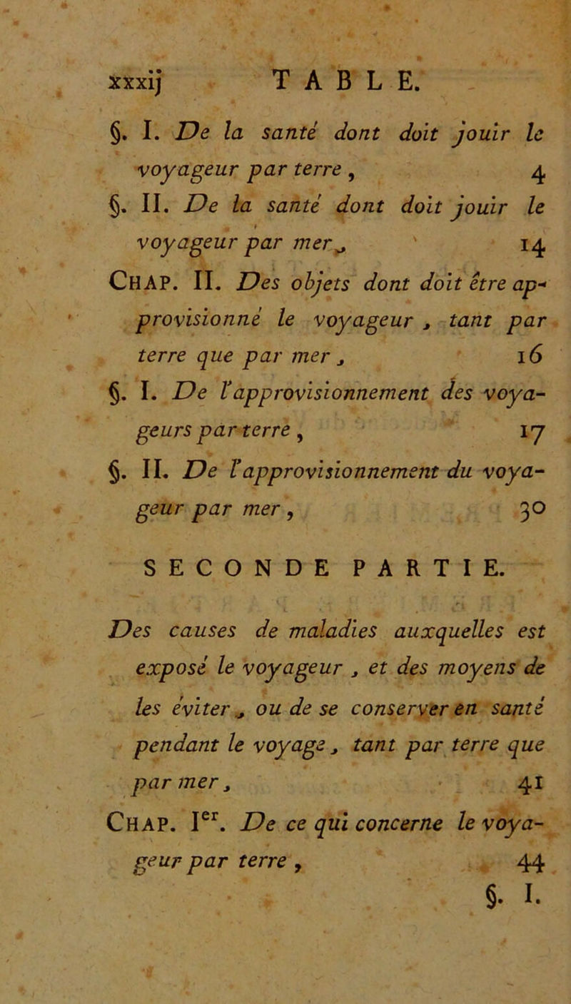 §. I. De la santé dont doit jouir le voyageur par terre , 4 II. De la santé dont doit jouir le * » voyageur par mer^ ' 14 ChAP. IL Des objets dont doit être ap- provisionné le voyageur , tant par terre que par mer j 16 §. I. De l’approvisionnement des voya- geurs par terre, 17 §. IL De bapprovisionnement du voya- geur par mer, 30 SECONDE PARTIE. Des causes de maladies auxquelles est exposé le voyageur , et des moyens de les éviter., ou de se conserver en santé pendant le voyage , tant par terre que par mer, 41 Chap. Ier. De ce qui concerne le voya- geur par terre , 44