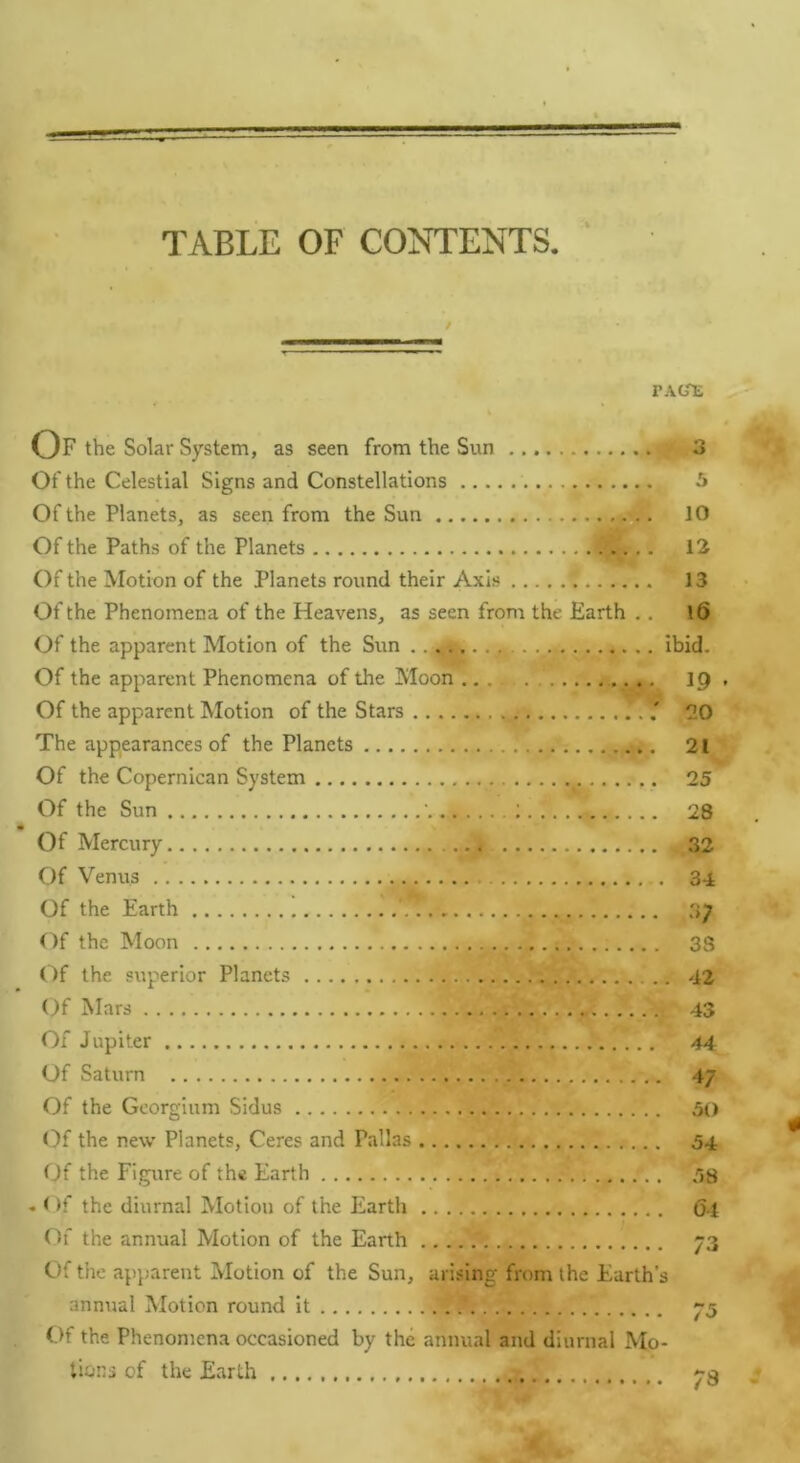 TABLE OP CONTENTS / FAC/E Of the Solar System, as seen from the Sun 3 Of the Celestial Signs and Constellations 5 Of the Planets, as seen from the Sun 10 Of the Paths of the Planets I 12 Of the Motion of the Planets round their Axis 13 Of the Phenomena of the Heavens, as seen from the Earth . . l6 Of the apparent Motion of the Sun ibid. Of the apparent Phenomena of the Moon 19 , Of the apparent Motion of the Stars 20 The appearances of the Planets 21 Of the Copernican System 25 Of the Sun ' 28 Of Mercury . 32 Of Venus 34 Of the Earth ' 37 Of the Moon 33 Of the superior Planets 42 Of Mars ! 43 Of Jupiter 44 Of Saturn 47 Of the Georgium Sidus 50 Of the new Planets, Ceres and Pallas 54 Of the Figure of the Earth . . 53 - < )f the diurnal Motion of the Earth 64 Of the annual Motion of the Earth 73 Of the apparent Motion of the Sun, arising from the Earth’s annual Motion round it * 75 Of the Phenomena occasioned by the annual and diurnal Mo- tions of the Earth 73