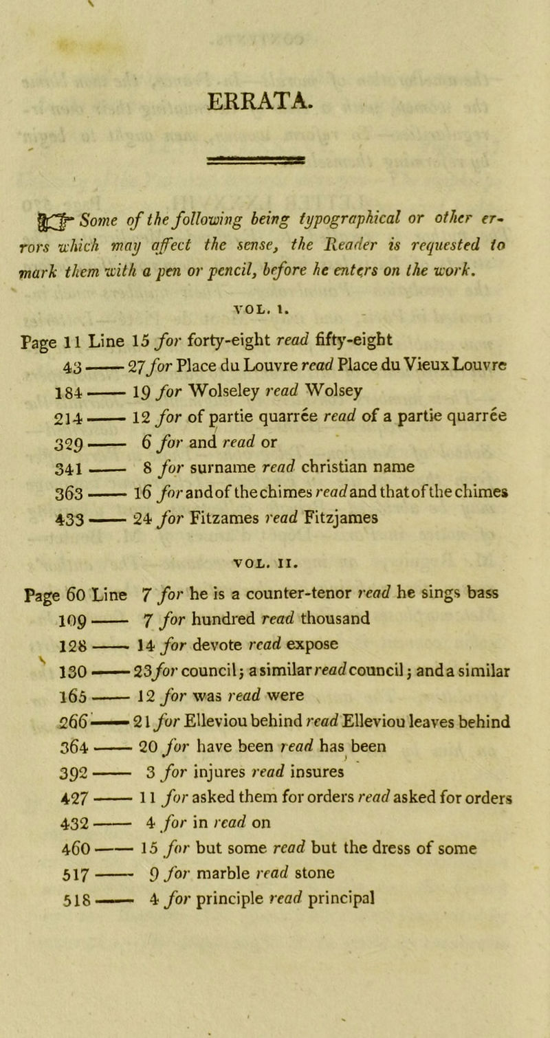 ERRATA. grj- Some of the following being typographical or other er- rors which may affect the sense, the Reader is requested to mark them with a pen or pencil, before he enters on the work. VOL, 1. Page 11 Line 15 for forty-eight read fifty-eight 43 27 for Place du Louvre read Place du VieuxLouvre 184 19 for Wolseley read Wolsey 214 12 for of partie quarree read of a partie quarree 329 6 for and read or 341 8 for surname read Christian name 363 16 for andof thechimesreatfandthatofthechimes 433 24 for Fitzames read Fitzjames VOL. 11. Page 60 Line 7 for he is a counter-tenor read he sings bass 109 7 for hundred read thousand 128 14 for devote read expose 130 23/or council} a similar read council} andasimilar l65 12 for was read were 266 21 for Elleviou behind read Elleviou leaves behind 364 20 for have been read has been 392 3 for injures read insures 427 11 for asked them for orders read asked for orders 432 4 for in read on 460 15 for but some read but the dress of some 517 9 for marble read stone 518 -— 4 for principle read principal