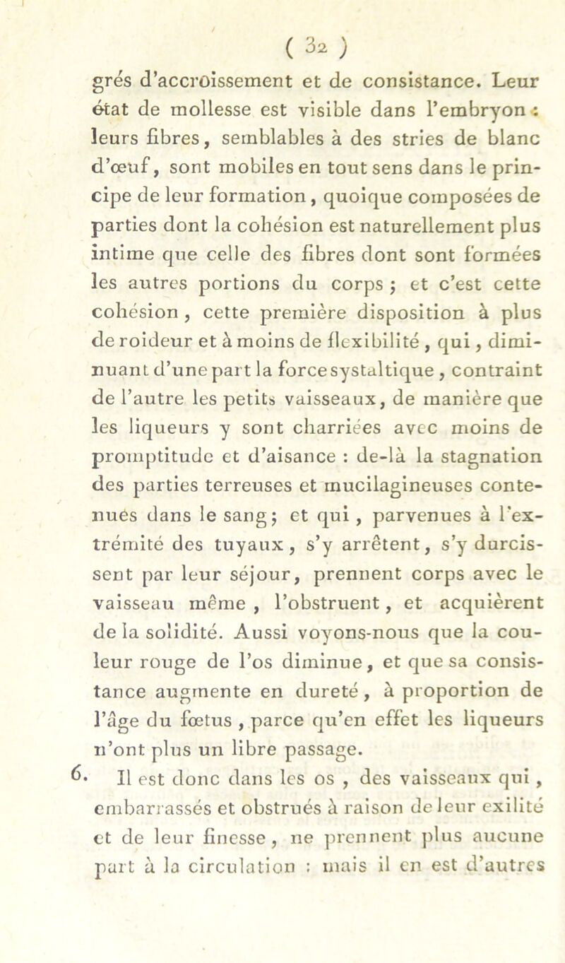 ( 3^ ) grés d’accroissement et de consistance. Leur état de mollesse est visible dans l’embryon-: leurs fibres, semblables à des stries de blanc d’œuf, sont mobiles en tout sens dans le prin- cipe de leur formation, quoique composées de parties dont la cohésion est naturellement plus intime que celle des fibres dont sont formées les autres portions du corps j et c’est cette cohésion , cette première disposition à plus de roideur et à moins de fiexlbllité , qui, dimi- nuant d’une part la force systaltique, contraint de l’autre les petits vaisseaux, de manière que les liqueurs y sont charriées avec moins de promptitude et d’aisance : de-là la stagnation des parties terreuses et mucilagineuses conte- nues dans le sang; et qui, parvenues à l'ex- trémité des tuyaux, s’y arrêtent, s’y durcis- sent par leur séjour, prennent corps avec le vaisseau même , l’obstruent, et acquièrent delà solidité. Aussi voyons-nous que la cou- leur rouge de l’os diminue, et que sa consis- tance augmente en dureté, à proportion de l’âge du fœtus , parce qu’en effet les liqueurs n’ont plus un libre passage. Il est donc dans les os , des vaisseaux qui, embarrassés et obstrués à raison de leur exilité et de leur finesse, ne ]irennent jdus aucune part à la circulation : mais il en est d’autres