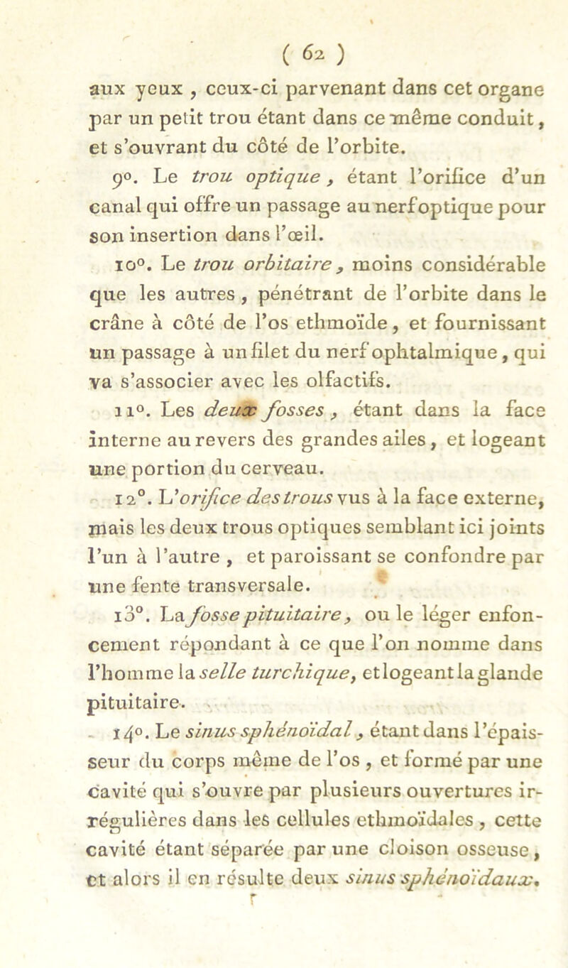 ( ) aux yeux , ceux-ci parvenant dans cet organe par un petit trou étant dans ce 'même conduit, et s’ouvrant du côté de l’orbite. 90. Le trou optique, étant l’orifice d’un canal qui offre un passage au nerf optique pour son insertion dans l’œil. iqo. Le trou orbitaire, moins considérable que les autres, pénétrant de l’orbite dans le crâne à côté de l’os ethmoïde, et fournissant un passage à un filet du nerf ophtalmique, qui va s’associer avec les olfactifs. 11°. Les deux fosses , étant dans la face interne au revers des grandes ailes, et logeant une portion du cerveau. r- 12°. \Jorfice des trous vus à la face externe, piais les deux trous optiques semblant ici joints l’un à l’autre , et paroissant se confondre par une fente transversale. 10°. La fosse pituitaire, ou le léger enfon- cement répondant à ce que l’on nomme dans l’homme\OiSelle turchique, et logeant la glande pituitaire. . - 140. Le sinus sphénoïdal, étantdans l’épais- seur du corps meme de l’os , et formé par une cavité qui s’ouvre par plusieurs ouvertures ir- régulières dans les cellules ethmoïdales , cette cavité étant séparée par une cloison osseuse, et alors il en résulte deux sinus sphénoïdaux, r