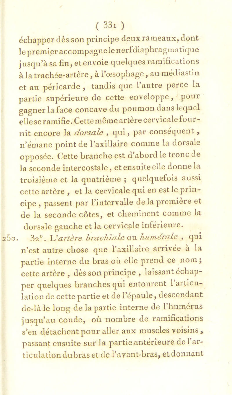 échapper dès son principe deux rameaux, dont le premier accoinpagnelenerfdlaphraj^iiiatique j usqu’à sa fin, et envoie quelques ramifications à la trachée-artère, à l’œsophage, au médiastin et au péricarde , tandis que l’autre perce la partie supérieure de cette enveloppe, pour gagner la face concave du poumon dans lequel ellese ramifie. Cette même artere cervicale four- nit encore la dorsale , qui, par conséquent , n’émane point de l’axillaire comme la dorsale opposée. Cette branche est d’abord le tronc de la seconde intercostale, et ensuite elle donne la troisième et la quatrième ; quelquefois aussi cette artère , et la cervicale qui en est le prin- cipe , passent par l’intervalle de la première et de la seconde cotes, et cheminent comme la dorsale gauche et la cervicale inférieure. a5o. 'd'il'. Uai'tère brachiale oxx humérale , qui n’est autre chose que l’axillaire arrivée à la partie interne du bras où elle prend ce nom ; cette artère , dès son principe , laissant échap- per quelques branches qui entourent 1 articu- lation de cette partie et de l’épaule, descendant de-là le long de la partie interne de l’humérus jusqu’au coude, où nombre de ramifications s’en détachent pour aller aux muscles voisins, passant ensuite sur la partie anterieure de 1 ar- ticulation dubras et de l’avant-bras, et donnant