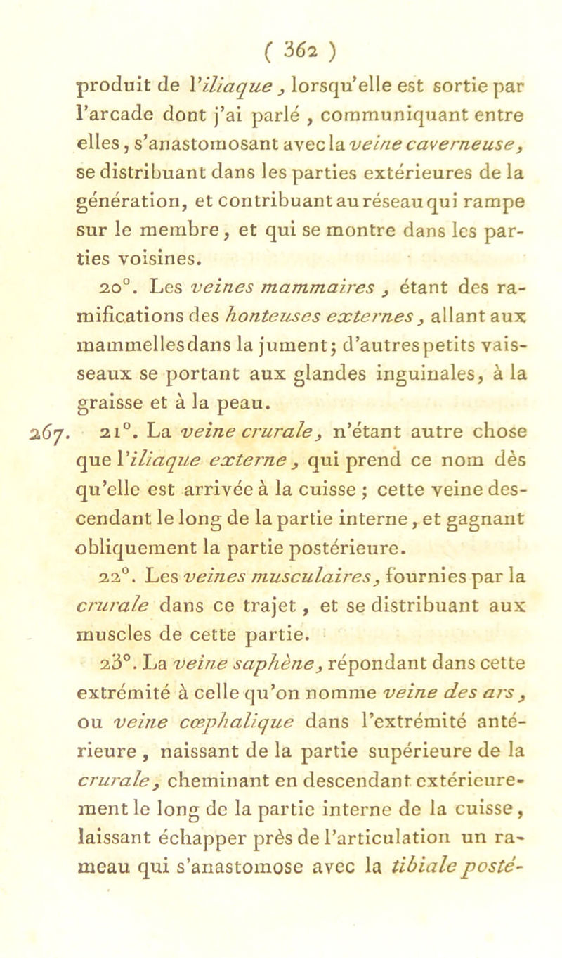 produit de Viliaque ^ lorsqu’elle est sortie par l’arcade dont j’ai parlé , communiquant entre elles, s’anastomosant avec la veine caverneuse, se distribuant dans les parties extérieures de la génération, et contribuant au réseau qui rampe sur le membre, et qui se montre dans les par- ties voisines. 20°. Les veines mammaires étant des ra- mifications des honteuses externes, allant aux mammellesdans la jumentj d’autres petits vais- seaux se portant aux glandes inguinales, à la graisse et à la peau. 21°. La veine crurale3 n’étant autre chose iliaque externe , qui prend ce nom dès qu’elle est arrivée à la cuisse ; cette veine des- cendant le long de la partie interne, et gagnant obliquement la partie postérieure. 22°. Les veines musculaires, fournies par la crurale dans ce trajet, et se distribuant aux muscles de cette partie. 23°. La veine saphène^ répondant dans cette extrémité à celle qu’on nomme veine des ars, ou veine cœphalique dans l’extrémité anté- rieure , naissant de la partie supérieure de la crurale y cheminant en descendant extérieure- ment le long de la partie interne de la cuisse, laissant échapper près de l’articulation un ra- meau qui s’anastomose avec la tibiale posté-