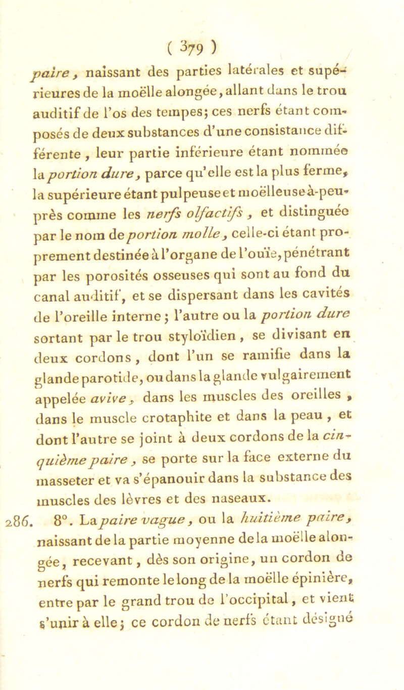 ( ^79 ) paire, naissant des parties latéiales et supé- rieures de la moëlle alongée, allant dans le trou auditif de l’os des tempes; ces nerfs étant com- posés de deux substances d’une consistance dif- férente , leur partie inférieure étant nommée la portion dure, parce qu’elle est la plus ferme, la supérieure étant pulpeuseet moëlleuseà-peu- près comme les nerfs olfactifs , et distinguée par le nom de portion molle , celle-ci étant pro- prement destinée à l’organe de l’ouïe, pénétrant par les porosités osseuses qui sont au fond du canal auditif, et se dispersant dans les cavités de l’oreille interne ; l’autre ou la portion dure sortant par le trou styloïdien , se divisant en deux cordons , dont l’un se ramifie dans la glande parotide, ou dans la glande vulgairement appelée avive, dans les muscles des oreilles , dans le muscle crotaphite et dans la peau , et dont l’autre se joint à deux cordons de la cin^ quièmepaire , se porte sur la face externe du masseter et va s’épanouir dans la substance des muscles des lèvres et des naseaux. 286. 8°. paire vague, ou la huitième paire, naissant de la partie moyenne delà moëlle alon- gée, recevant, dès son origine, un cordon de nerfs qui remonte le long de la moëlle épinière, entre par le grand trou de 1 occipital, et vient g’ujiir à elle; ce cordon de nerfs étant désigné