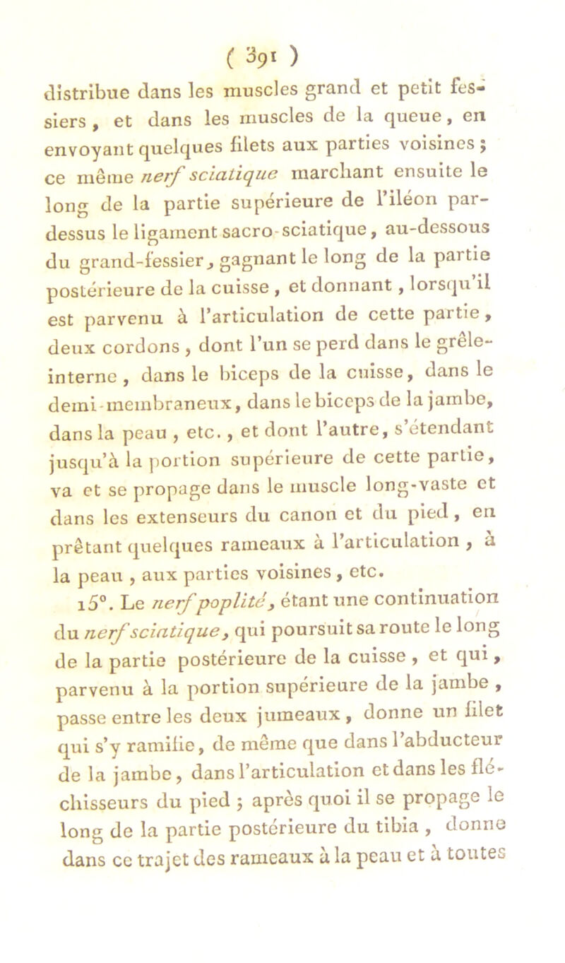 distribue dans les muscles grand et petit fes- siers f et dans les muscles de la queue, en envoyant quelques filets aux parties voisines ; (20 IH0IUG Ti6J^scidtKj^uc marcliant ensuite le long de la partie supérieure de l’iléon par- dessus le ligament sacro-sciatique, au-dessous du grand-fessier, gagnant le long de la partie postérieure de la cuisse , et donnant, lors(|u il est parvenu à l’articulation de cette partie y deux cordons , dont l’un se perd dans le grele- interne, dans le biceps de la cuisse, dans le demi-membraneux, dans le biceps de la jambe, dans la peau , etc., et dont l autre, s etendant jusqu’à la portion supérieure de cette partie, va et se propage dans le muscle long-vaste et dans les extenseurs du canon et du pied, en prêtant quelques rameaux à l’articulation , à la peau , aux parties voisines, etc. i5°. Le nerf poplité y étant une continuation du nerf scintique, qui poursuit sa route le long de la partie postérieure de la cuisse , et qui , parvenu à la portion supérieure de la jambe , passe entre les deux jumeaux , donne un filet qui s’y ramifie, de même que dans 1 abducteur de la jambe, dans l’articulation et dans les flé- chisseurs du pied j apres quoi il se propage le long de la partie postérieure du tibia , donne dans ce trajet des rameaux a la peau et a toutes