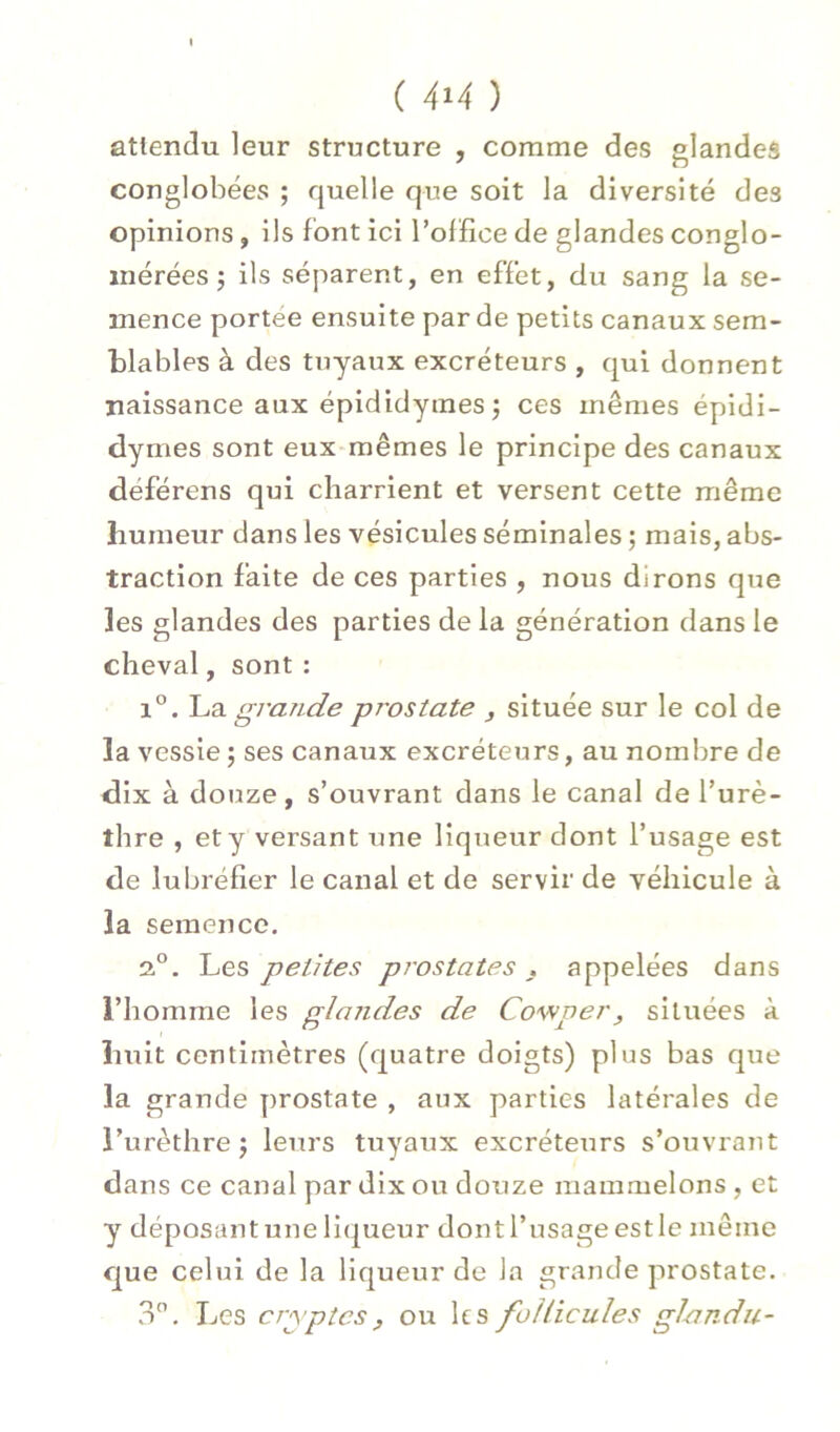 attendu leur structure , comme des glandes conglobées ; quelle que soit la diversité des opinions, ils font ici l’ofïîce de glandes conglo- mérées j ils séparent, en effet, du sang la se- mence portée ensuite par de petits canaux sem- blables à des tuyaux excréteurs , qui donnent naissance aux épididymesj ces mêmes épidi- dymes sont eux mêmes le principe des canaux déférens qui charrient et versent cette même humeur dans les vésicules séminales ; mais, abs- traction faite de ces parties , nous dirons que les glandes des parties de la génération dans le cheval, sont : 1°. ~L,?i grande prostate ^ située sur le col de la vessie ; ses canaux excréteurs, au nombre de dix à douze , s’ouvrant dans le canal de l’urè- thre , et y versant une liqueur dont l’usage est de lubréfier le canal et de servir de véhicule à la semence. 2°. Les petites prostates , appelées dans l’homme les glandes de Cov^per, situées à huit centimètres (quatre doigts) plus bas que la grande prostate , aux parties latérales de l’urèthre J leurs tuyaux excréteurs s’ouvrant dans ce canal par dix ou douze raammelons , et y déposant une lifjueur dont l’usage est le même que celui de la liqueur de la grande prostate. 3. Les cryptes, ou les follicules ghndu-