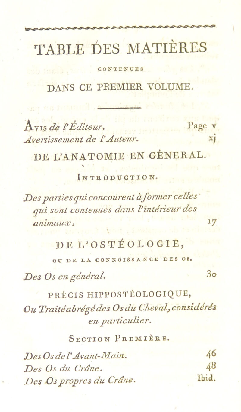 TABLE DES MATIÈRES CONTENUES DANS CE PREMIER VOLUME. Avis de VEditeur. Psgc v Avertissement de VAuteur. xj DE L’ANATOMIE EN GENERAL. Introduction. Des parties qui concourent àformer celles qui sont contenues dans Vintérieur des animaux i ^7 \ DE L’OSTÉOLOGIE, ou DE LA CONNOI6SANCE DES OS. JDes Os en général. 3o PRÉCIS HIPPOSTÉOLOGIQUE, Ou Traitéabréo-é des O s du Cheval, considérés en particulier. Section Première. T)es Os de l* Avant-Main. Des Os du Cj'âne, Des Os propres du Crâne. 46 48 Ibid.