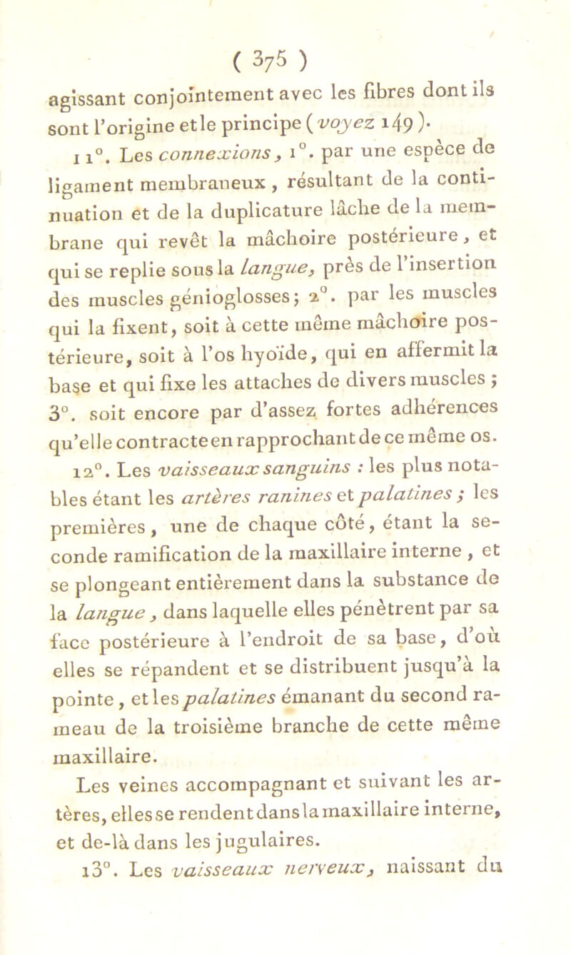 ( 37$ ) agissant conjointement avec les fibres dont ils sont l’origine etle principe ( voyez 149 )• 11°. Les connexions, i°. par une espèce de ligament membraneux , résultant de la conti- nuation et de la duplicature lâche de la mem- brane qui revêt la mâchoire posteneuie, et qui se replie sous la langue, près de 1 insertion des muscles génioglosses ; 2,0. par les muscles qui la fixent, soit à cette même mâchoire pos- térieure, soit à l’os hyoide, qui en affermit la base et qui fixe les attaches de divers muscles ; 3°. soit encore par d’assez fortes adhérences qu’elle contracte en rapprochant de ce même os. 12,0. Les vaisseaux sanguins : les plus nota- bles étant les artères ranines et palatines ; les premières , une de chaque côté, étant la se- conde ramification de la maxillaire interne , et se plongeant entièrement dans la substance de la langue , dans laquelle elles pénètrent par sa face postérieure à l’endroit de sa base, d ou elles se répandent et se distribuent jusqu’à la pointe , et les palatines émanant du second ra- meau de la troisième branche de cette même maxillaire. Les veines accompagnant et suivant les ar- tères, ellesse rendentdanslamaxillaire interne, et de-làdans les jugulaires. i3°. Les vaisseaux nerveuxf naissant du