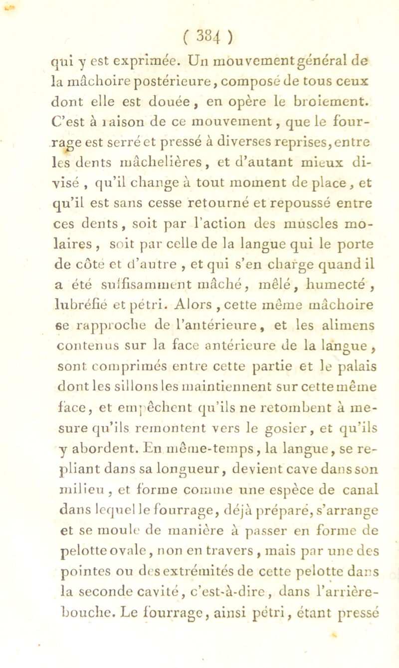 qui y est exprimée. Un mouvement général de la mâchoire postérieure, composé de tous ceux dont elle est douée, en opère le broiement. C’est à îaison de ce mouvement, que le four- rage est serré et pressé à diverses reprises, entre les dents mâchelières, et d’autant mieux di- visé , qu’il change à tout moment de place, et qu’iL est sans cesse retourné et repoussé entre ces dents, soit par l’action des muscles mo- laires , soit par celle de la langue qui le porte de côte et d’autre , et qui s’en charge quand il a été suffisamment mâché, mêlé, humecté, lubréfié et pétri. Alors , cette même mâchoire ee rapproche de l’antérieure, et les alimens contenus sur la face antérieure de la langue, sont comprimés entre cette partie et le palais dont les sillons les maintiennent sur cette même face, et empêchent qu’ils ne retombent à me- sure qu’ils remontent vers le gosier, et qu’ils y abordent. En même-temps, la langue, se re- pliant dans sa longueur, devient cave dans son milieu, et forme comme une espèce de canal dans lequel le fourrage, déjà préparé, s’arrange et se moule de manière à passer en forme de pelotteovale, non en travers , mais par une des pointes ou des extrémités de cette pelotte dans la seconde cavité, c’est-à-dire, dans l’arrière- bouche. Le fourrage, ainsi pétri, étant pressé