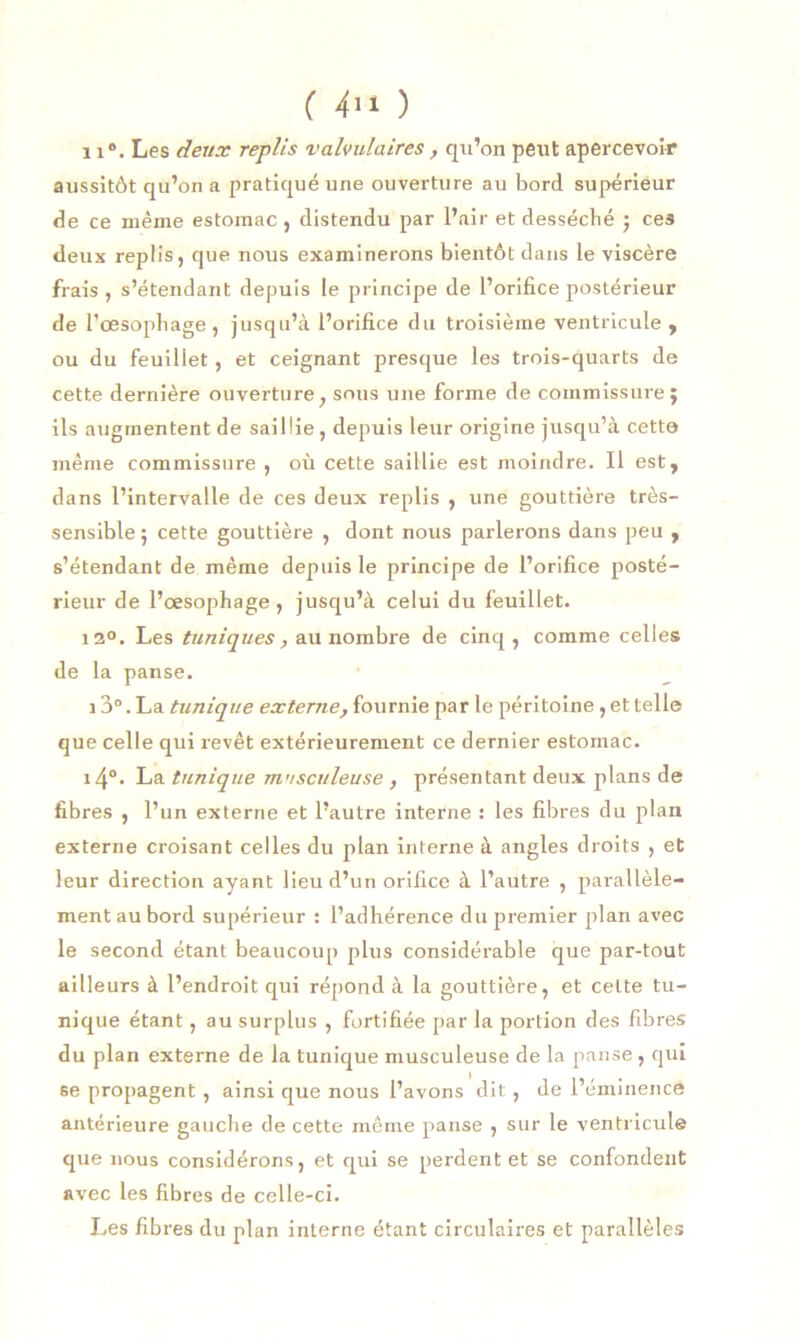 n“. Les deux replis valvulaires , qu’on peut apercevoir aussitôt qu’on a pratiqué une ouverture au bord supérieur de ce même estomac , distendu par l’air et desséché ; ces deux replis, que nous examinerons bientôt dans le viscère frais , s’étendant depuis le principe de l’orifice postérieur de l’œsophage , jusqu’à l’orifice du troisième ventricule, ou du feuillet, et ceignant presque les trois-quarts de cette dernière ouverture, sous une forme de commissure $ ils augmentent de saillie , depuis leur origine jusqu’à cette même commissure , où cette saillie est moindre. Il est, dans l’intervalle de ces deux replis , une gouttière très- sensible 5 cette gouttière , dont nous parlerons dans peu , s’étendant de même depuis le principe de l’orifice posté- rieur de l’œsophage, jusqu’à celui du feuillet. i2°. Les tuniques, au nombre de cinq, comme celles de la panse. 13°. La tunique externe, fournie par le péritoine , et telle que celle qui revêt extérieurement ce dernier estomac. i4°. La tunique musculeuse , présentant deux plans de fibres , l’un externe et l’autre interne : les fibres du plan externe croisant celles du plan interne à angles droits , et leur direction ayant lieu d’un orifice à l’autre , parallèle- ment au bord supérieur : l’adhérence du premier plan avec le second étant beaucoup plus considérable que par-tout ailleurs à l’endroit qui répond à la gouttière, et cette tu- nique étant, au surplus , fortifiée par la portion des fibres du plan externe de la tunique musculeuse de la panse, qui se propagent , ainsi que nous l’avons dit, de l’éminence antérieure gauche de cette même panse , sur le ventricule que nous considérons, et qui se perdent et se confondent avec les fibres de celle-ci. Les fibres du plan interne étant circulaires et parallèles