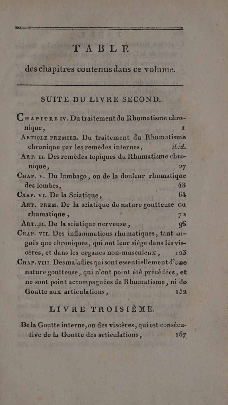 + D 2 LL LC Dm aa ne» 2m RE à | TABLE des chapitres contenus dans ce volume. SUITE DU LIVRE SECOND. C HAPITRE 1v. Dutraitement du Rhumatisme chro- nique, I ARTICLE PREMIER. Du traitement du Rhumatisme chronique par les remèdes internes, zb1d. ART. 11. Des remèdes topiques du Rhumatisme chro- nique , 27 Cxar. v. Du lumbago, ou de la douleur rhumatique des lombes, 43 Cnar. vi. De la Sciatique, | 64% Arr. PREM. De la sciatique de nature goutteuse ou rhumatique , s 72 Arr... De la sciatique nerveuse, | 96 Cuar. vi. Des inflammations rhumatiques, tant «ai- guës que chroniques, qui ont leur siége dans les vis- cères, et dans les organes non-musculeux , 123 Cuae. vis. Des maladies qui sont essentiellement d’une nature goutteuse , qui n’ont point été précédées, et ne sont point accompagnées de Rhumatisme, ni de Goutte aux articulations, 1952 LIVRE TROISIÈME. Dela Goutte interne,ou des viscères, quiest consécu- tive de la Goutte des articulations, | 167