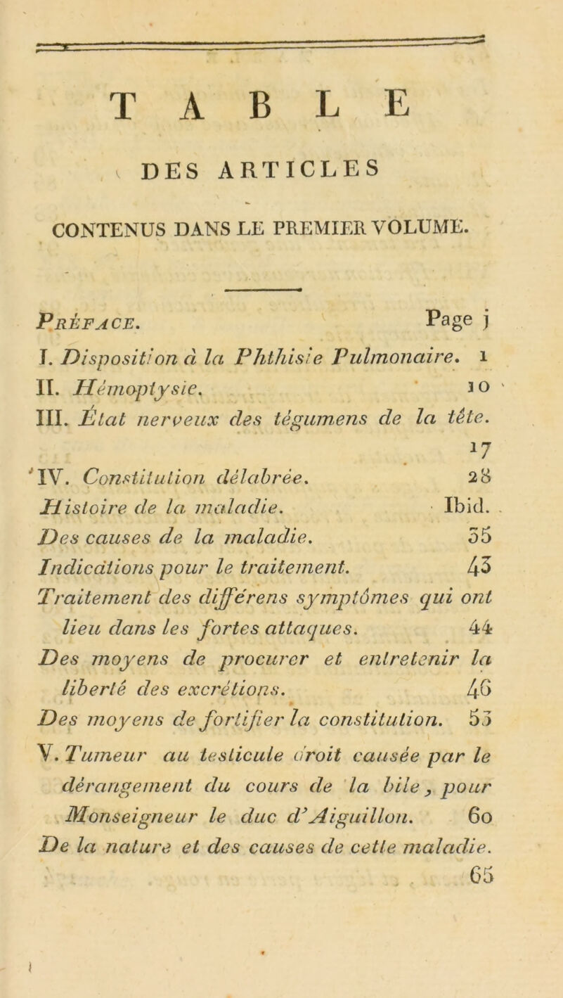 TABLE , . DES ARTICLES CONTENUS DANSEE PREMIER VOLUME. Préface. ^ Page j J. Disposition à la Phthisie Pulmonaire. i II. Hémoptysie. ' 3 0 III. État nerveux des tégumens de la tête. 'IV. Constitution délabrée. 28 Histoire de la maladie. Ibid. Des causes de la maladie. 55 Indications pour le traitement. 4^ Traiternent des différens symptômes qui ont lieu dans les fortes attaques. 44 Des moyens de procurer et entretenir la liberté des excrétions. 45 Des moyens de fortifier la constitution. 5j V. Tumeur au testicule droit causée par le dérangement du cours de la hile y pour Monseigneur le duc cVAiguillon. 6o De la nature et des causes de cette maladie. 65 I