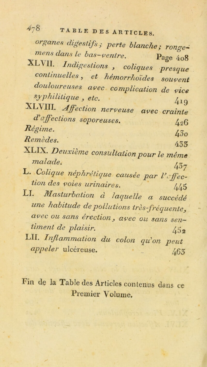 ta BLE D ES ARTICLES. organe.-, digestifi; perte blanche; ronge- mens dans Le bas-ventre. Page 4o8 XLVII. Indigestions , coliques presque continuelles, et hémorrhoïdes souvent douloureuses avec complication de vice syphilitique y etc. • XLyiTL Affection nerveuse avec crainte d'affections soporeuses, ^26 Régime. Remèdes. ^ XLIX. Deuxième consultation pour le même malade, L. Colique néphrétique causée par Vaffec- tion des voies urinaires. ^^5 LI. Masturbation à laquelle a succédé une habitude de pollutions très-fréquente, avec ou sans érection, avec ou sans sen- liment de plaisir. ^^2 LU. Inflammation du colon qu'on peut appeler ulcéreuse. • _ ^55 Fin de la Table des Articles contenus dans ce Premier Volume,